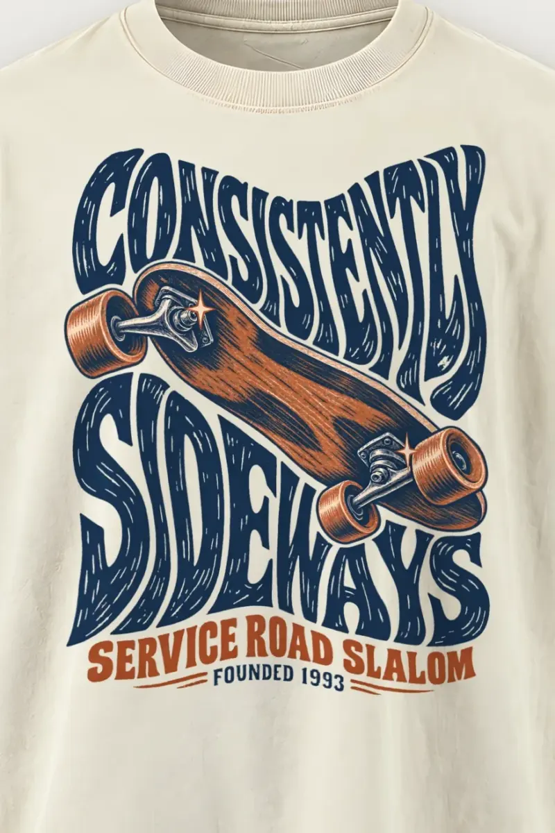 "Consistently Sideways" Men’s Oversized Heavyweight Crewneck T-Shirt - the graphic up close