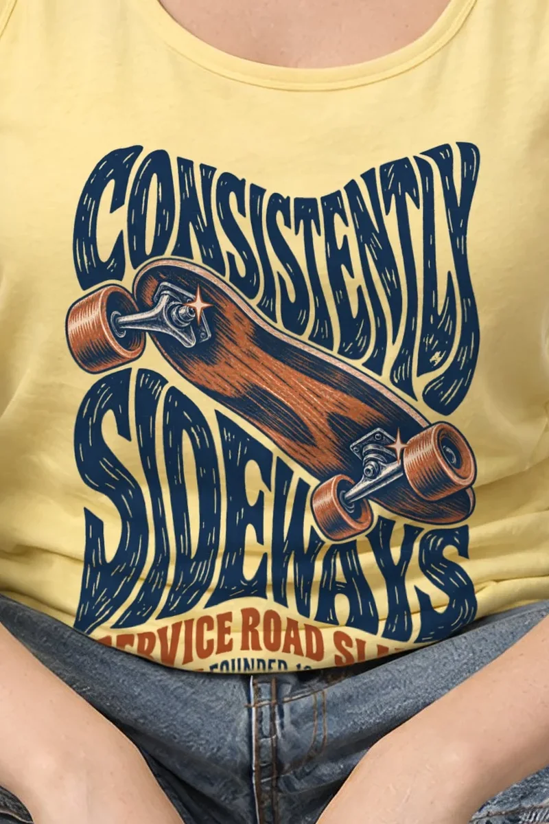 "Consistently Sideways" Unisex Jersey Tank - the graphic up close