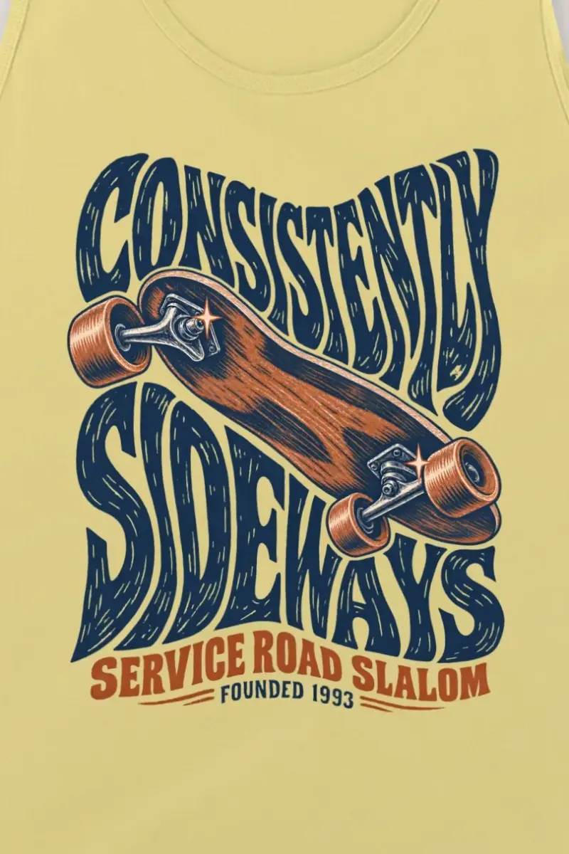 "Consistently Sideways" Unisex Jersey Tank - the graphic up close