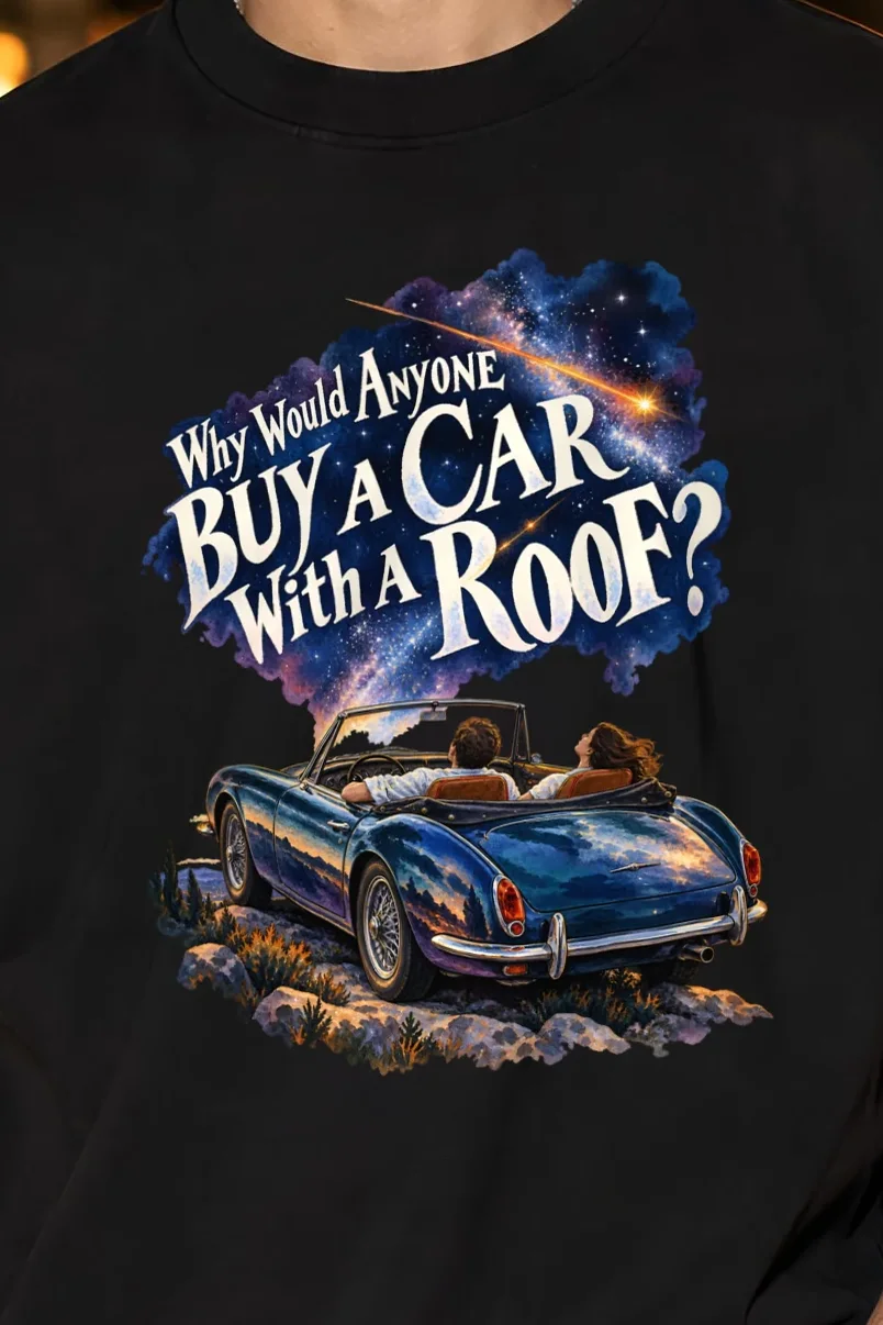 "Convertible Under the Stars" Unisex Oversized Heavyweight Crewneck T-Shirt - the graphic up close