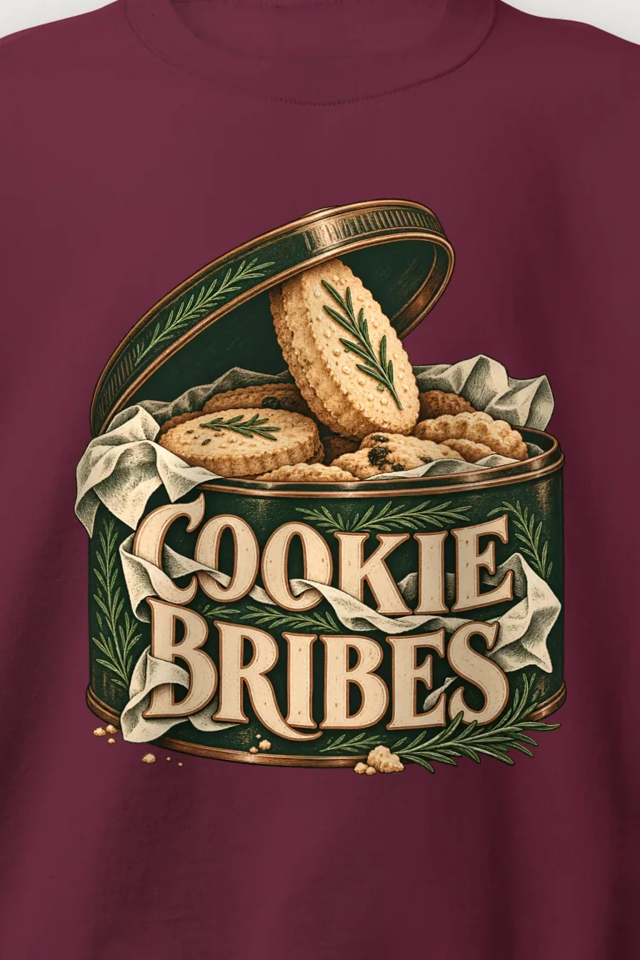 "Cookie Bribes Tin" Heavy Blend Unisex Crewneck Sweatshirt - the graphic up close