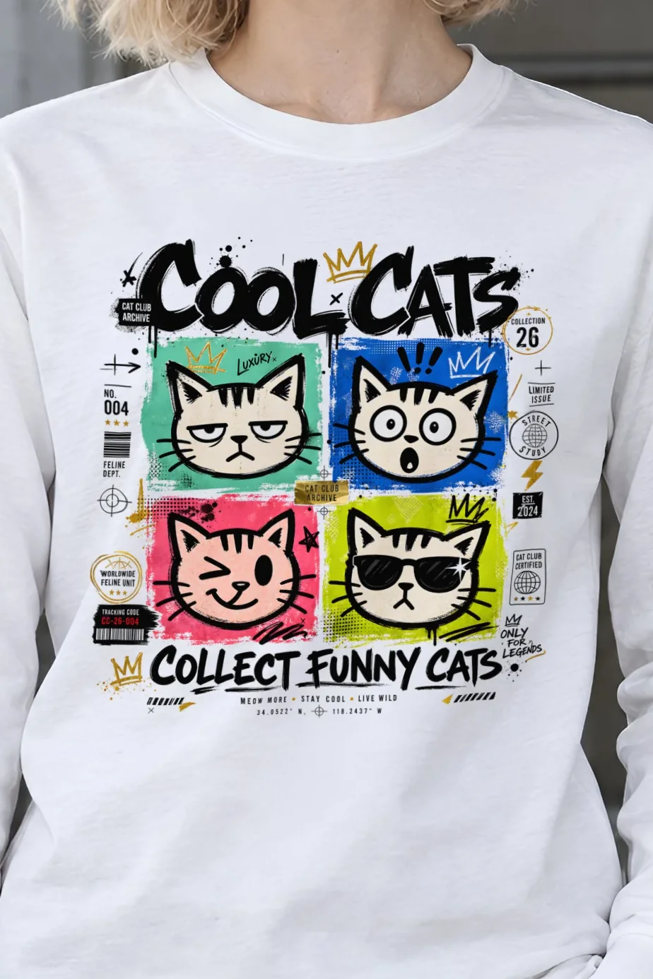 "Cool Cats Archive" Unisex Longsleeve T-shirt - the graphic up close