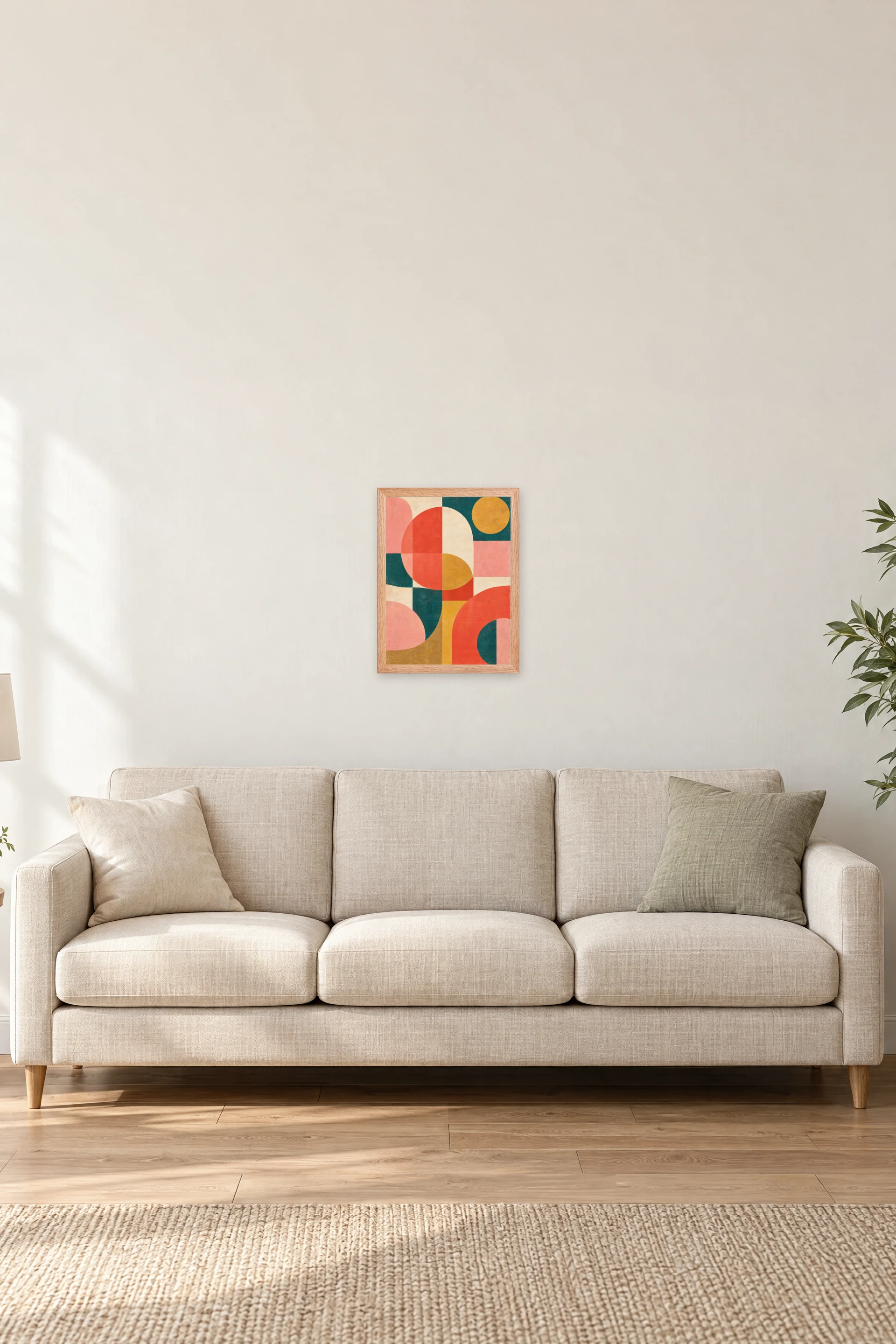 "Coral and Teal Geometry" Premium Wooden Framed Poster — Natural Wood frame, 12 × 16 in