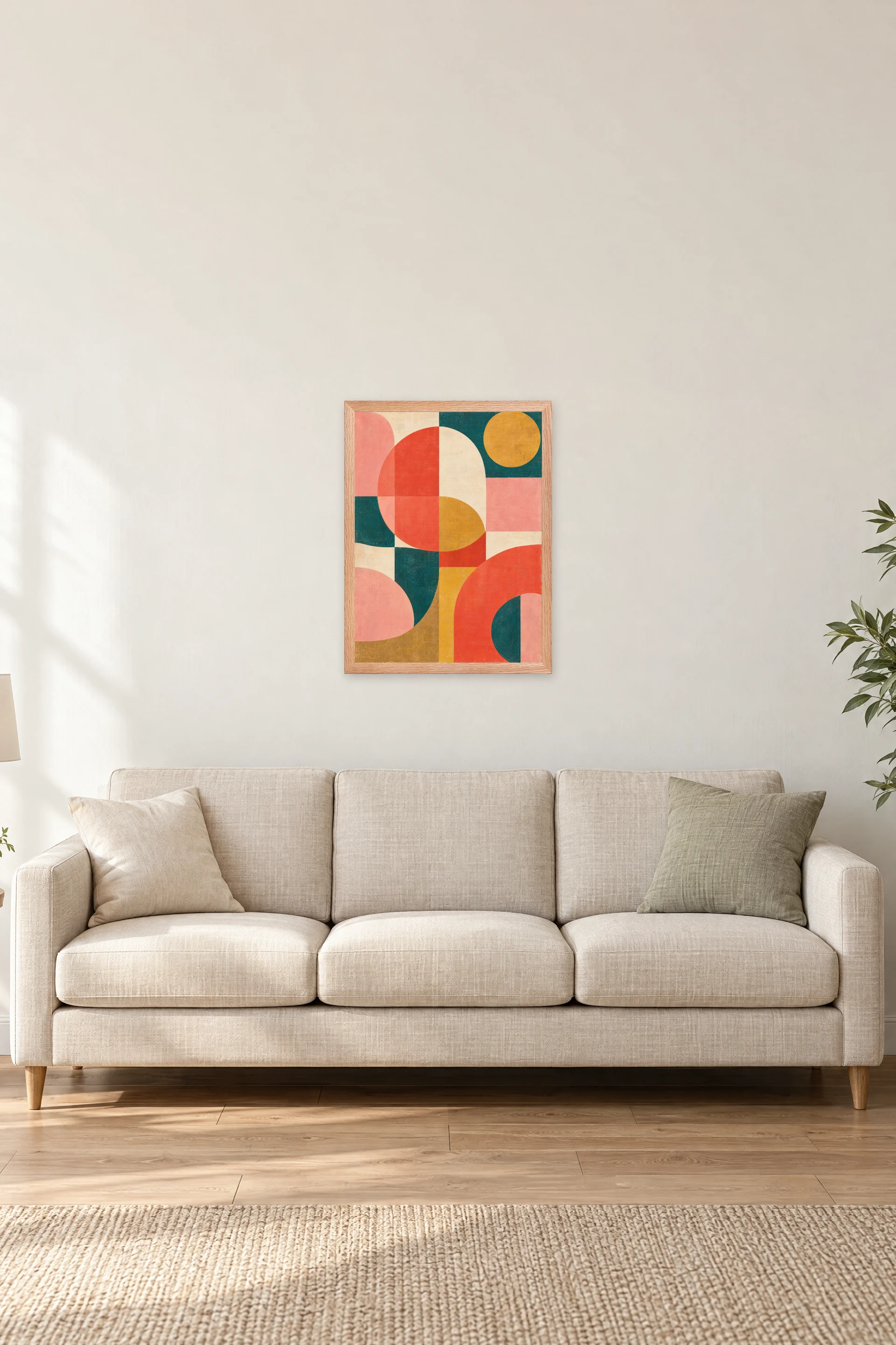"Coral and Teal Geometry" Premium Wooden Framed Poster — Natural Wood frame, 18 × 24 in