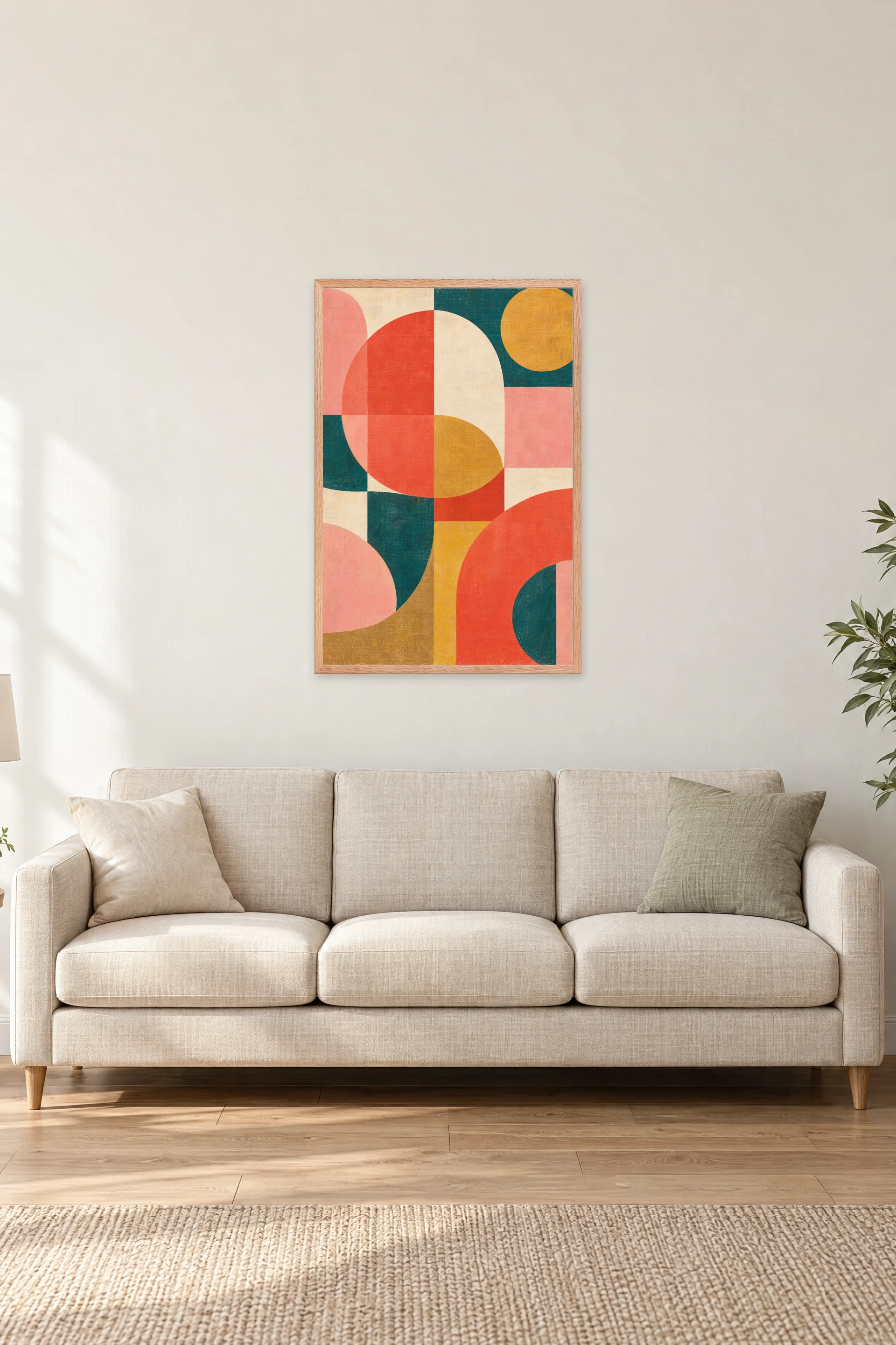 "Coral and Teal Geometry" Premium Wooden Framed Poster — Natural Wood frame, 24 × 36 in