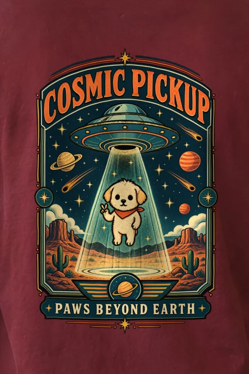 "Cosmic Pickup Paws" Unisex Longsleeve T-shirt - the graphic up close