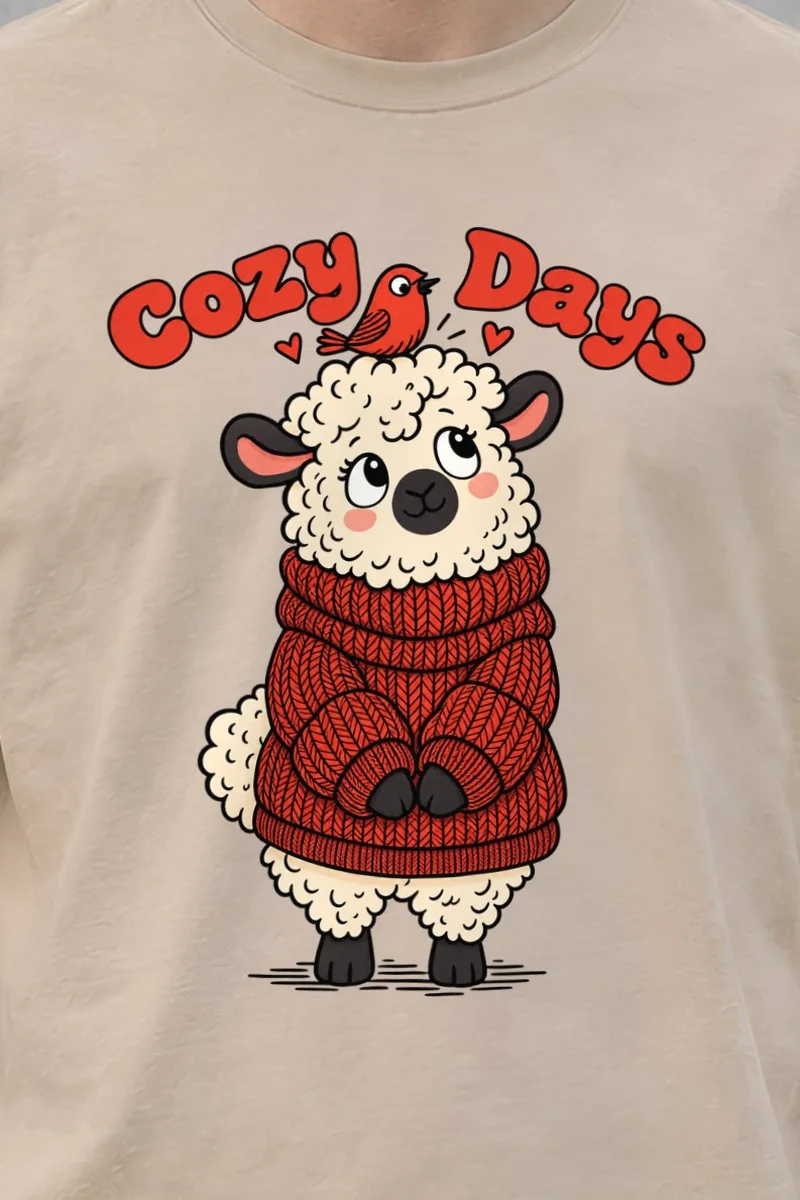 "Cozy Days Sheep" Heavyweight Unisex Crewneck T-shirt - the graphic up close