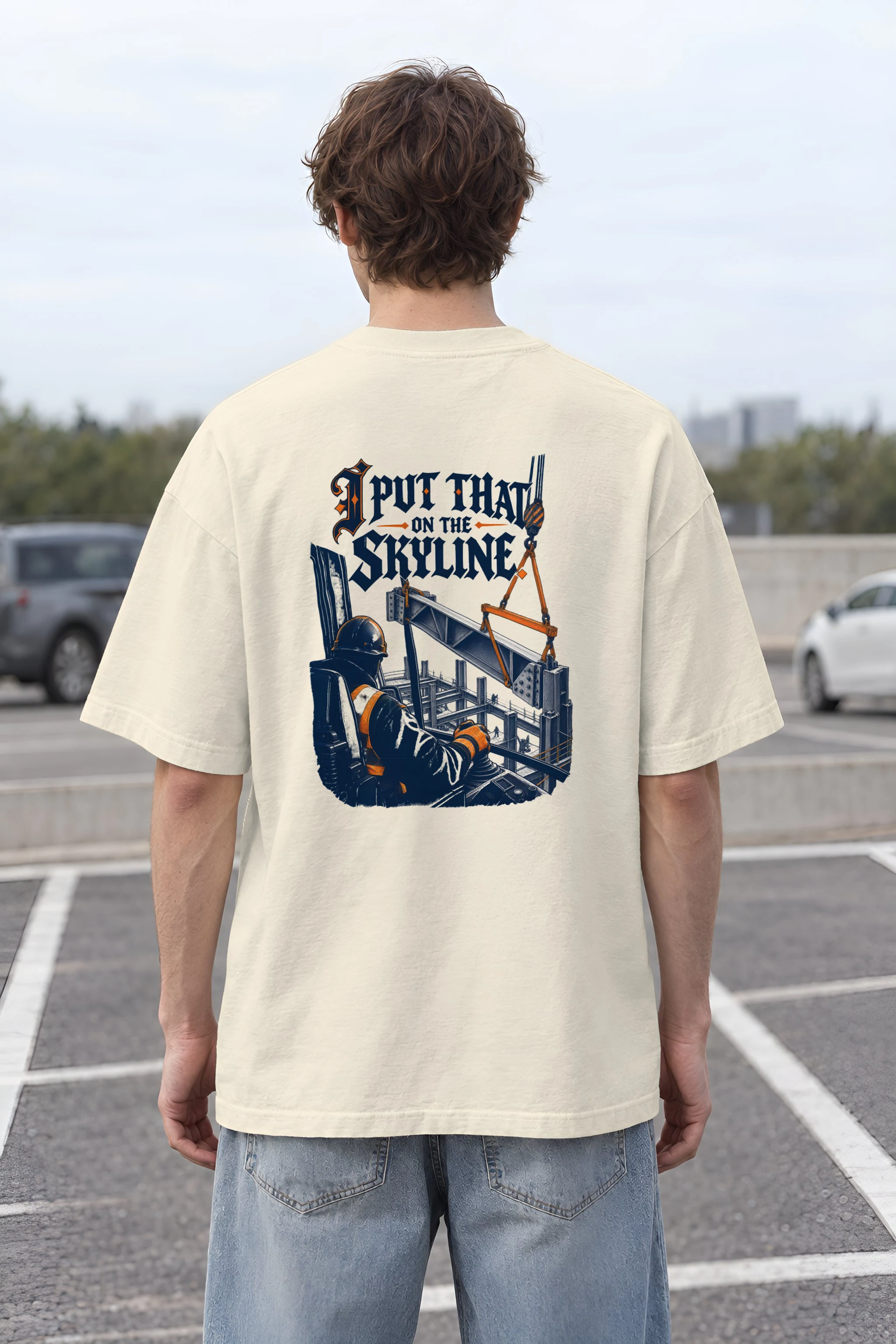 "Crane Operator Skyline" Men's Oversized Heavyweight Crewneck T-Shirt