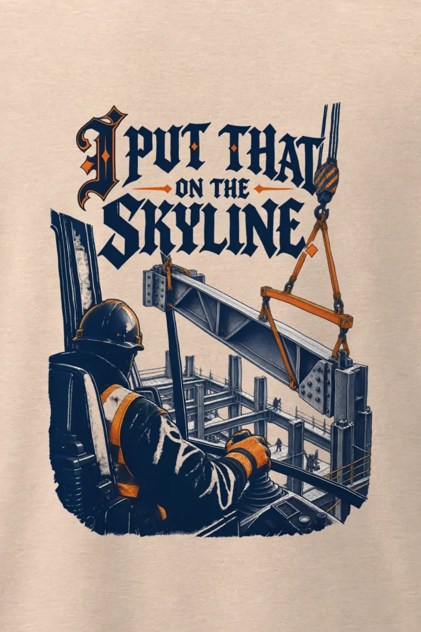 "Crane Operator Skyline" Men’s Oversized Heavyweight Crewneck T-Shirt - the graphic up close