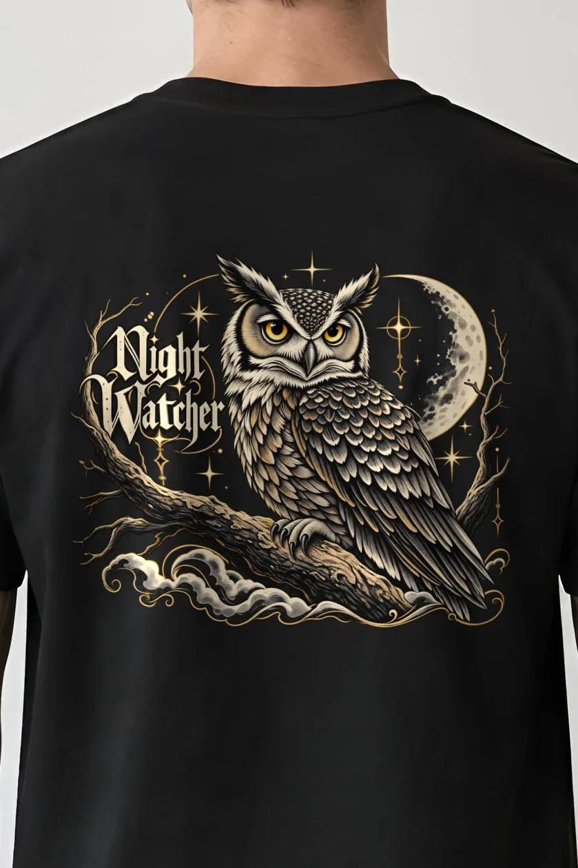 "Crescent Sentinel" Heavyweight Unisex Crewneck T-shirt - the graphic up close