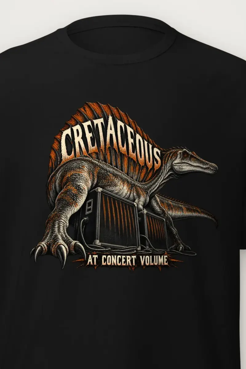 "Cretaceous at Concert Volume" Heavyweight Unisex Crewneck T-shirt - the graphic up close