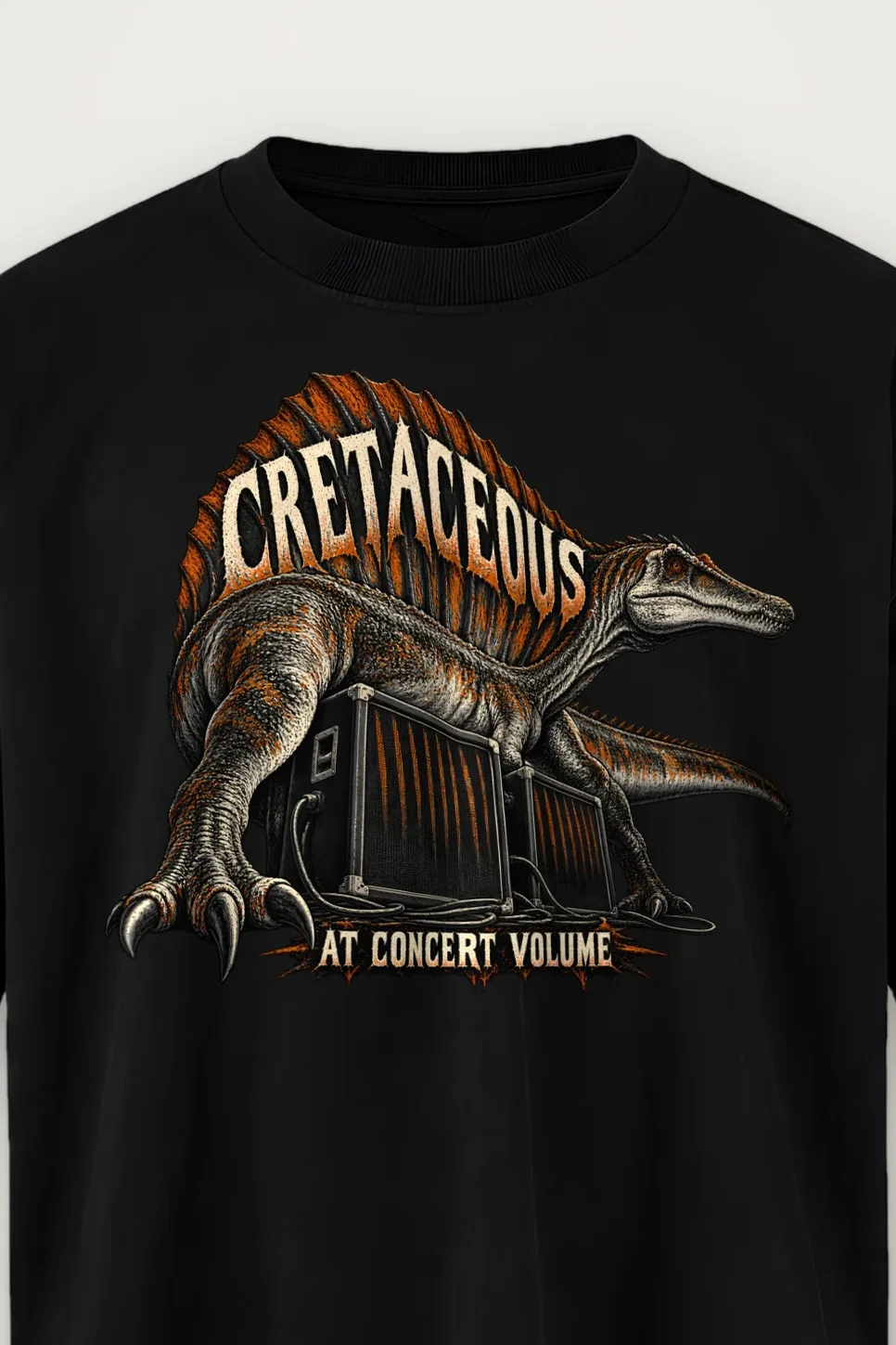 "Cretaceous at Concert Volume" Men’s Oversized Heavyweight Crewneck T-Shirt - the graphic up close