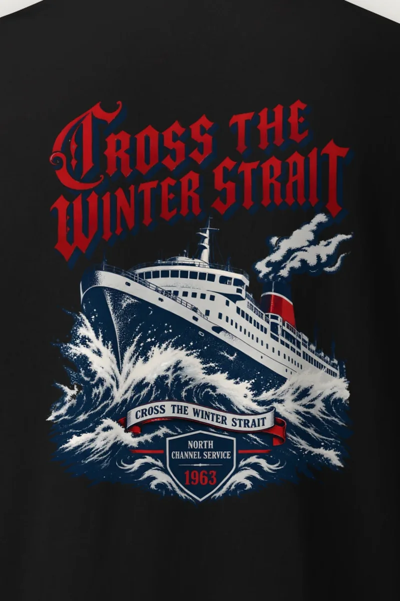 "Cross the Winter Strait" Heavyweight Unisex Crewneck T-shirt - the graphic up close