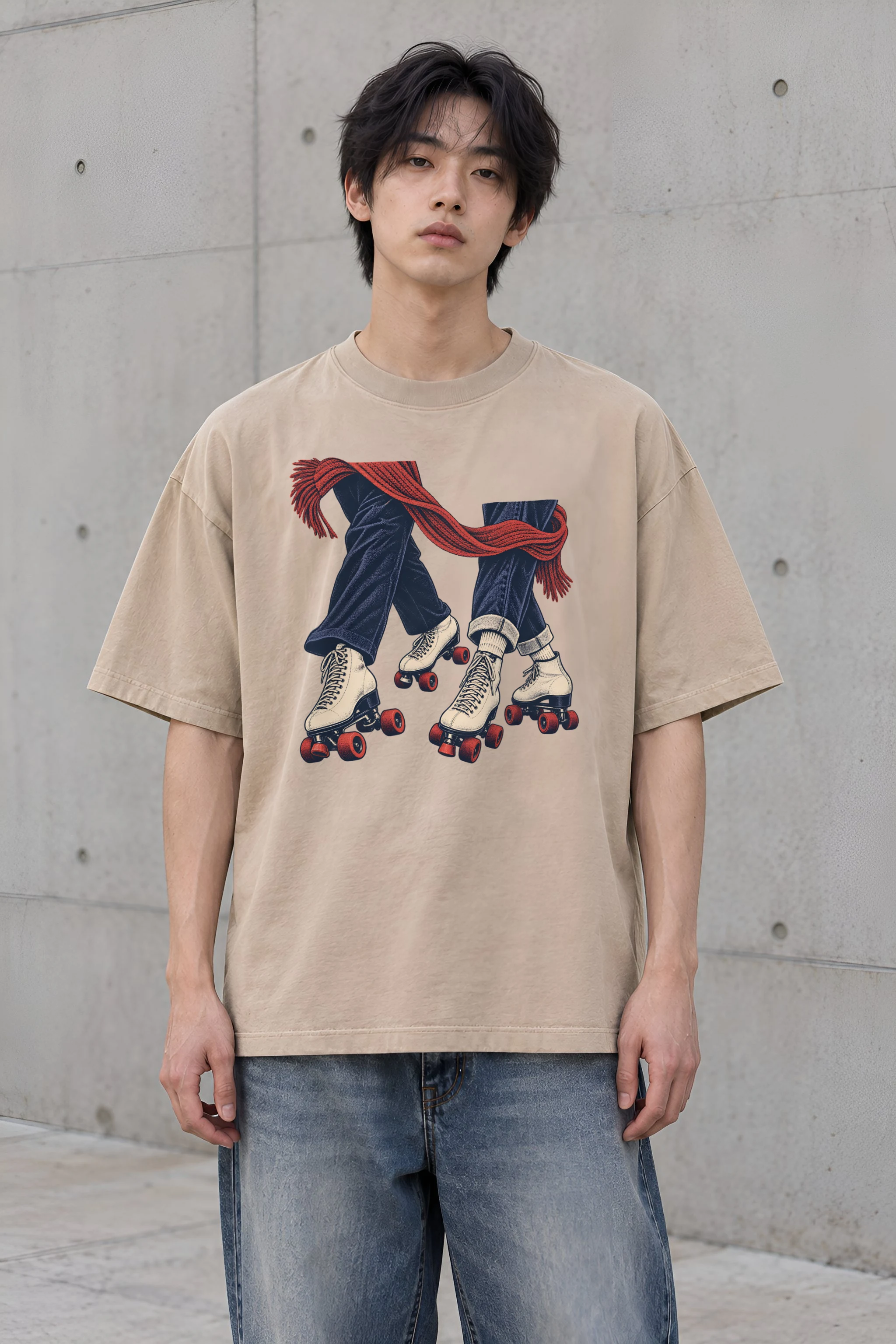 "Crossed Roller Skates and Red Scarf" Men's Oversized Heavyweight Crewneck T-Shirt