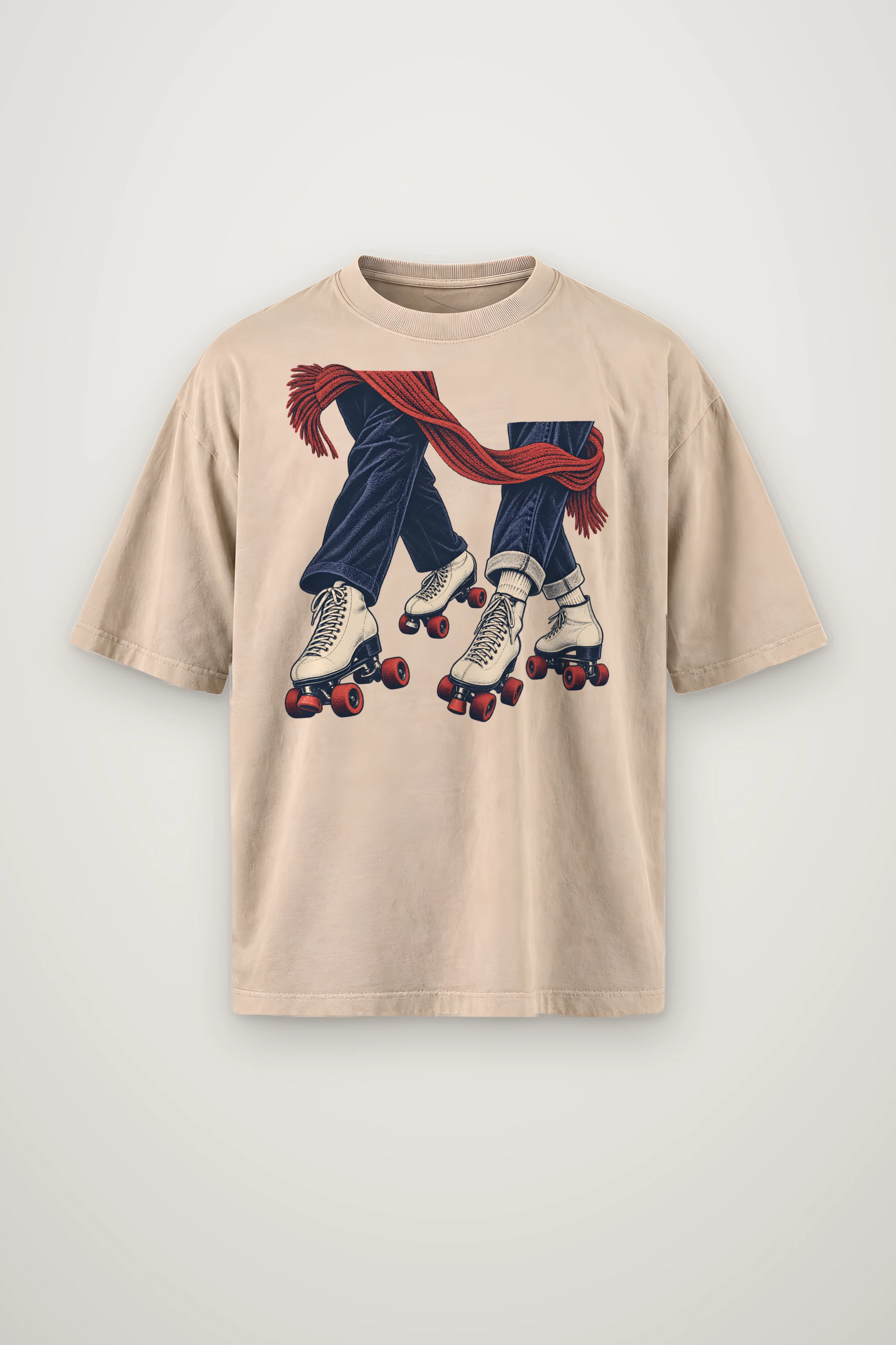 "Crossed Roller Skates and Red Scarf" Men's Oversized Heavyweight Crewneck T-Shirt