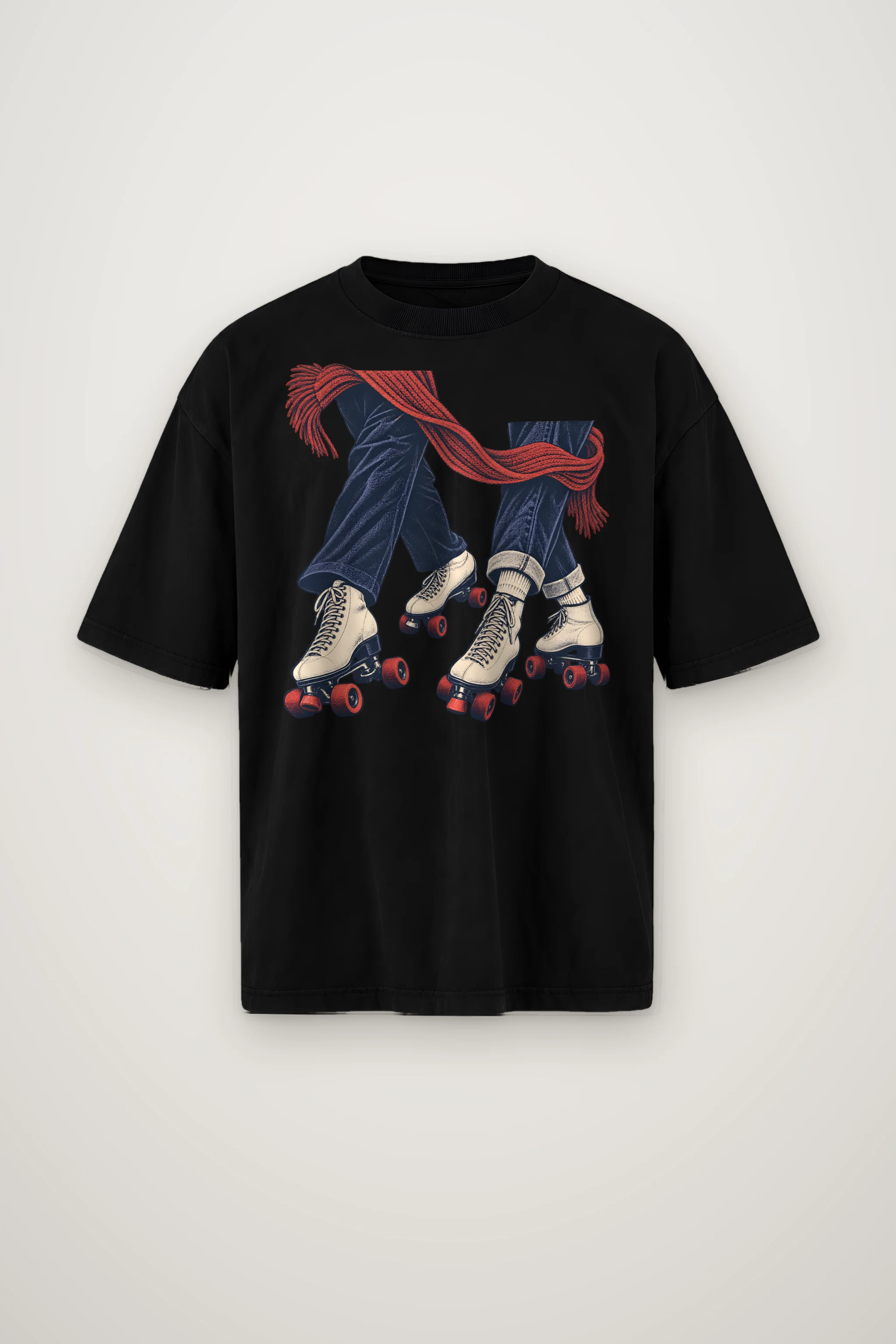 "Crossed Roller Skates and Red Scarf" Men's Oversized Heavyweight Crewneck T-Shirt
