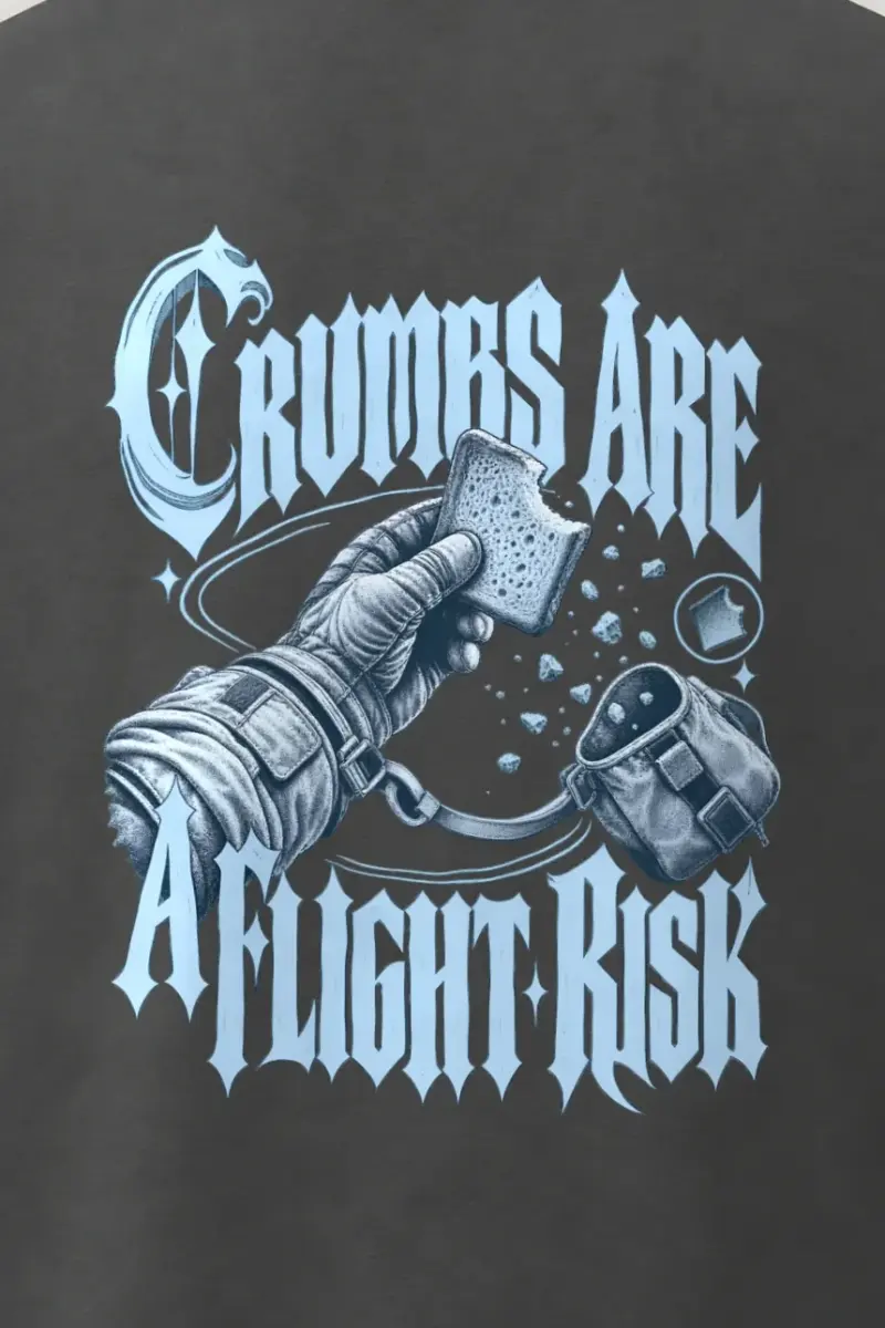 "Crumbs Are A Flight Risk" Men’s Oversized Heavyweight Crewneck T-Shirt - the graphic up close