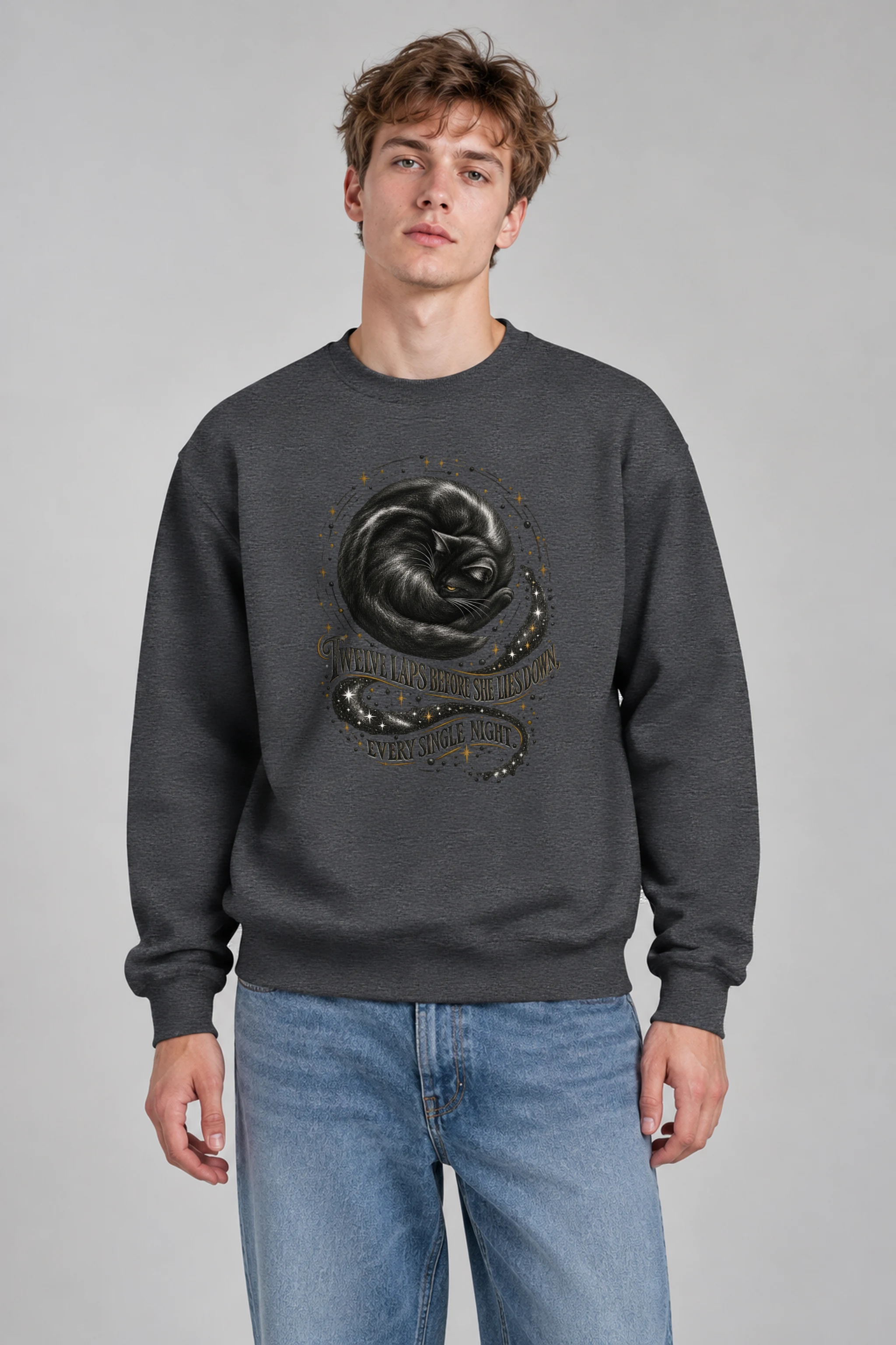 "Curled Black Cat" Unisex Crewneck Sweatshirt