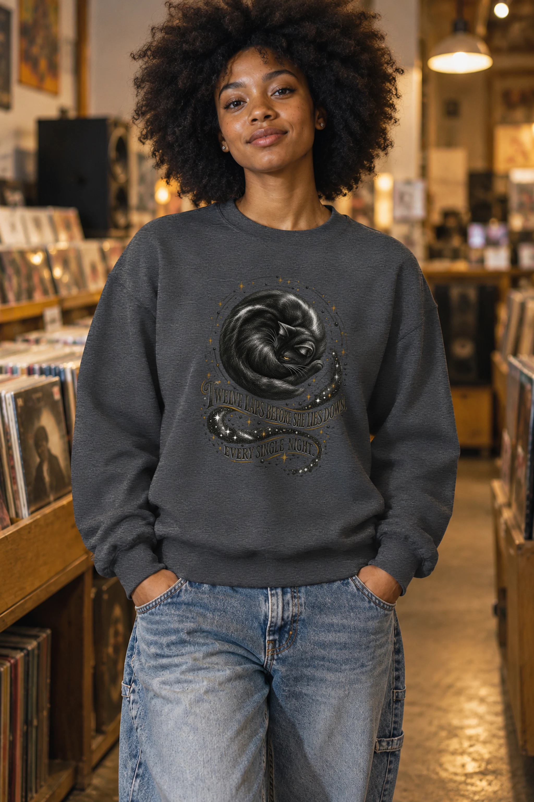 "Curled Black Cat" Unisex Crewneck Sweatshirt