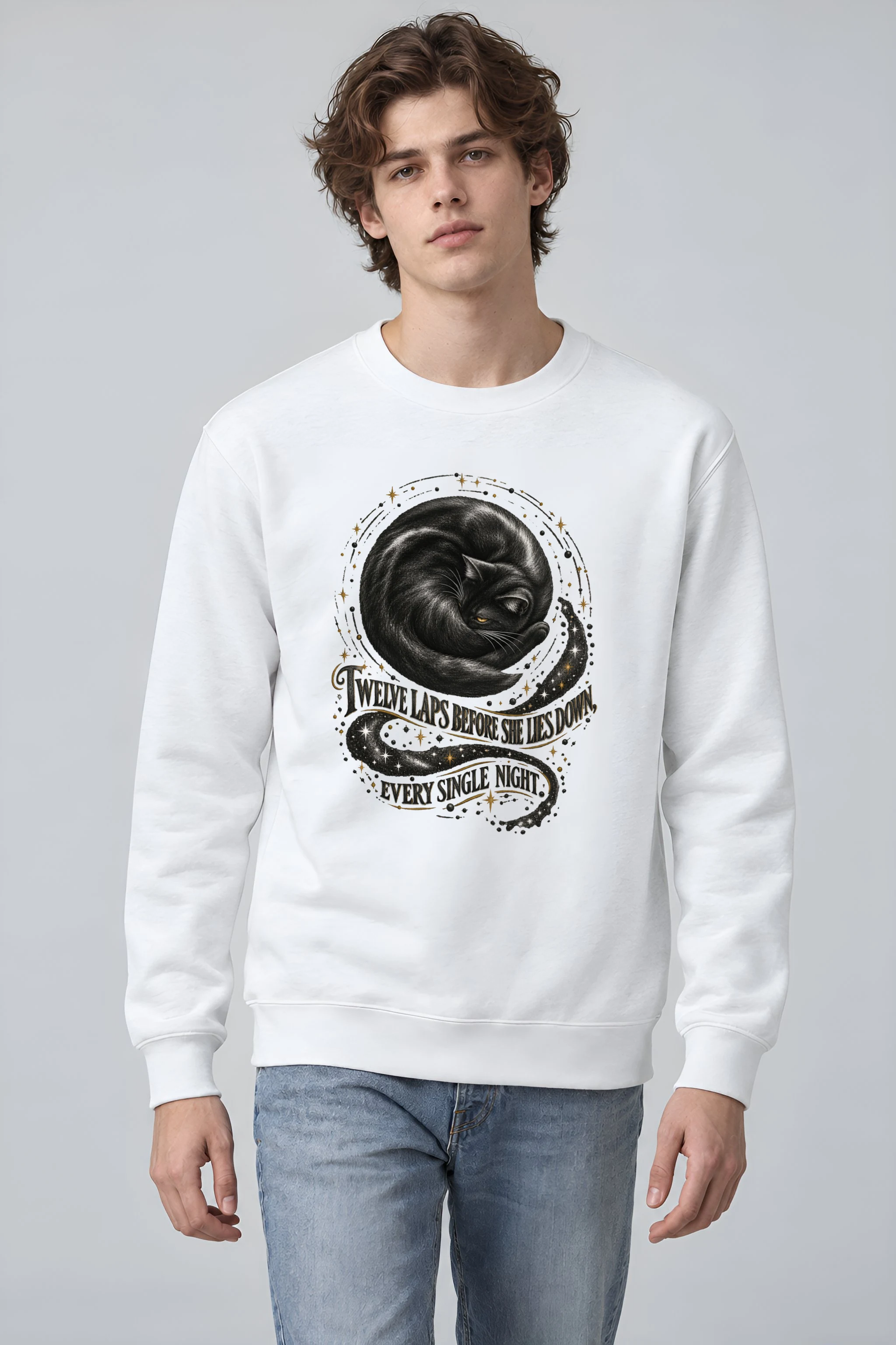 "Curled Black Cat" Unisex Crewneck Sweatshirt
