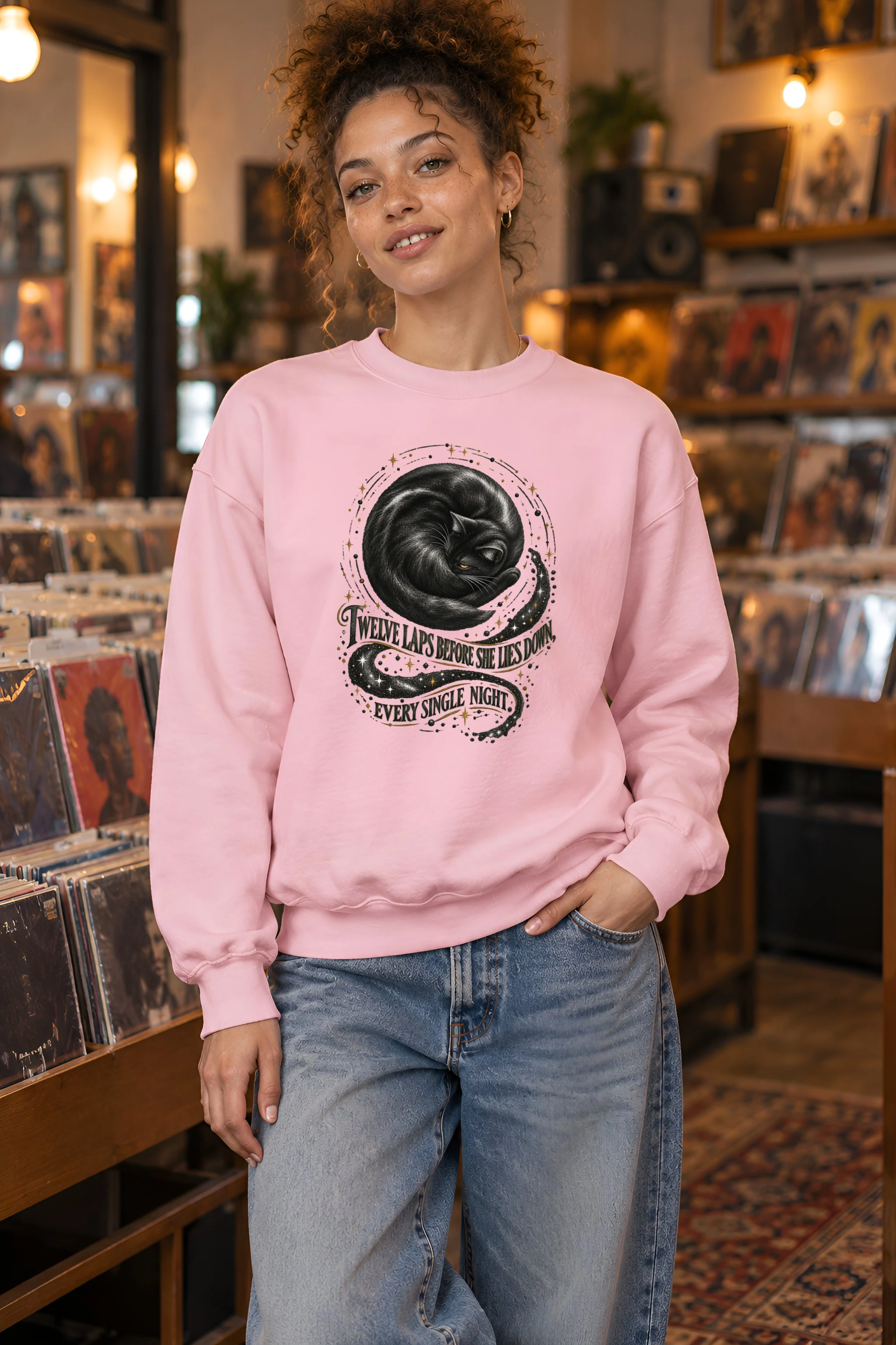 "Curled Black Cat" Unisex Crewneck Sweatshirt