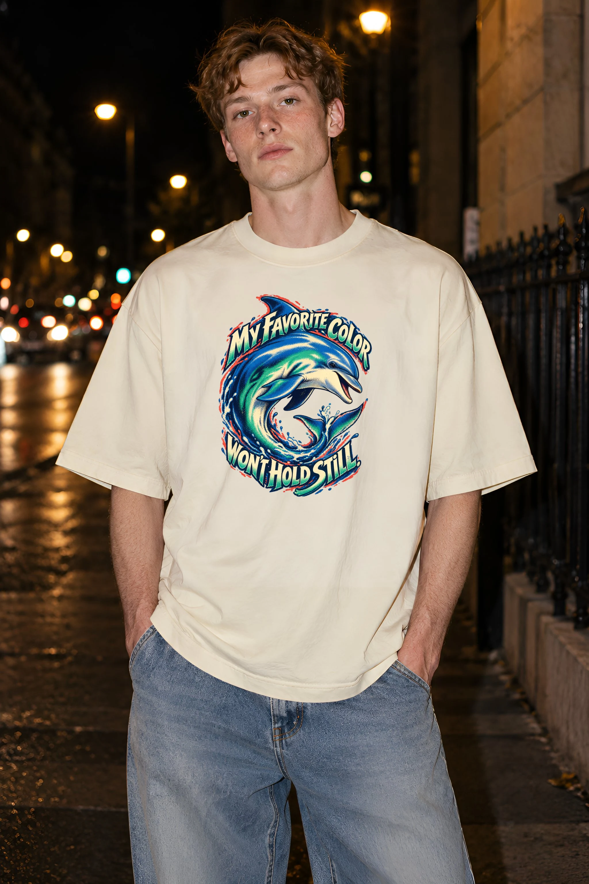 "Curling Dolphin" Unisex Oversized Heavyweight Crewneck T-Shirt