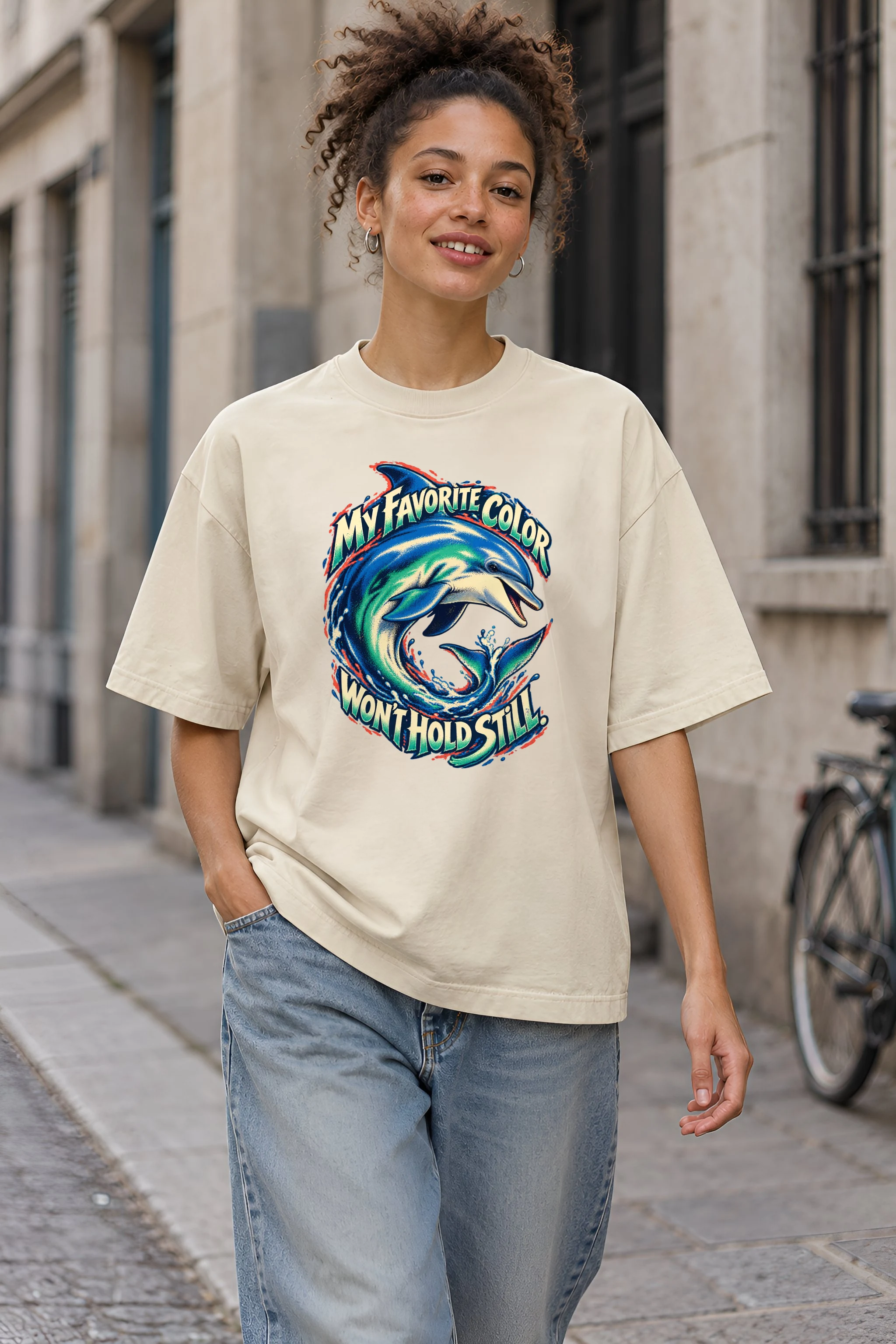 "Curling Dolphin" Unisex Oversized Heavyweight Crewneck T-Shirt