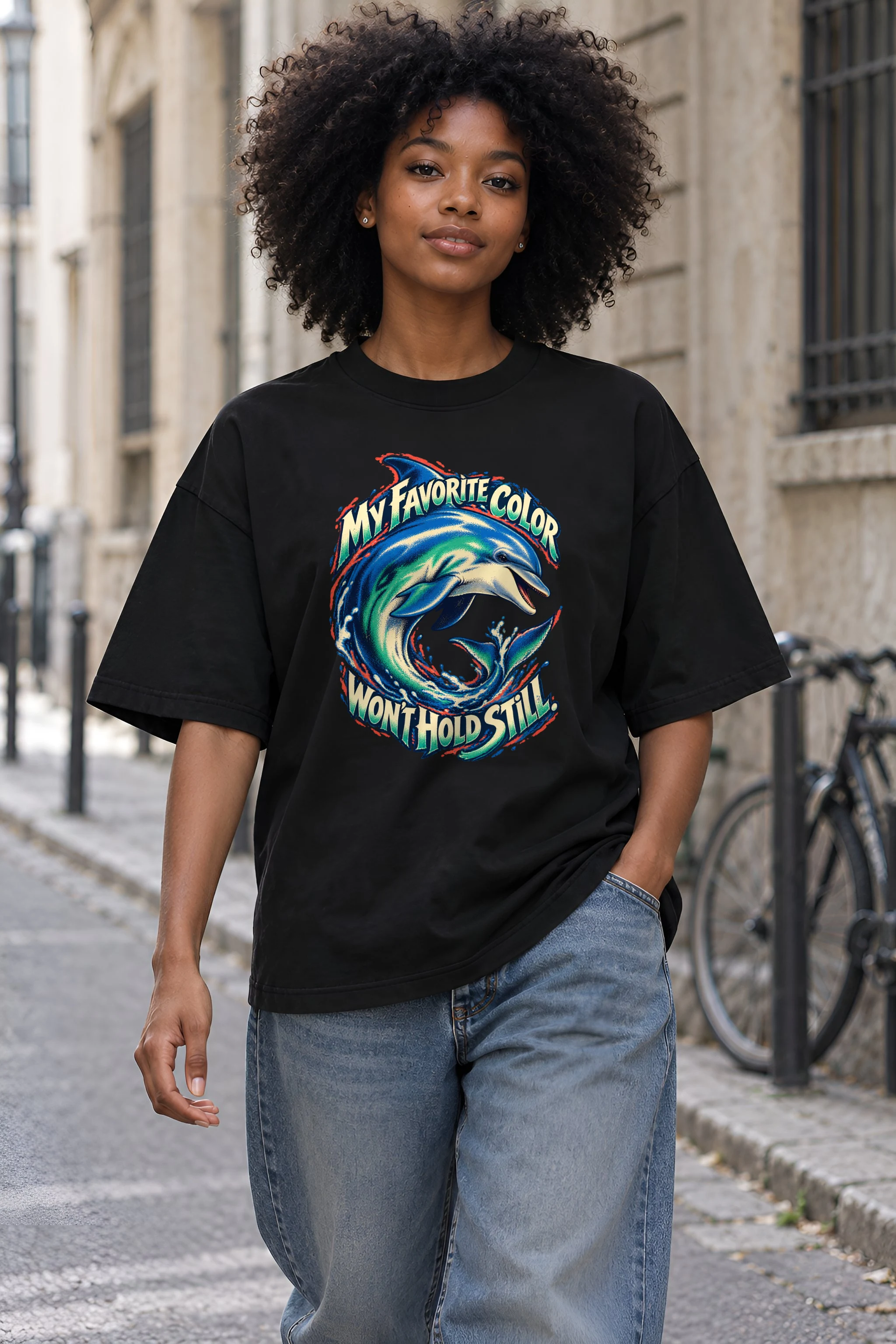 "Curling Dolphin" Unisex Oversized Heavyweight Crewneck T-Shirt