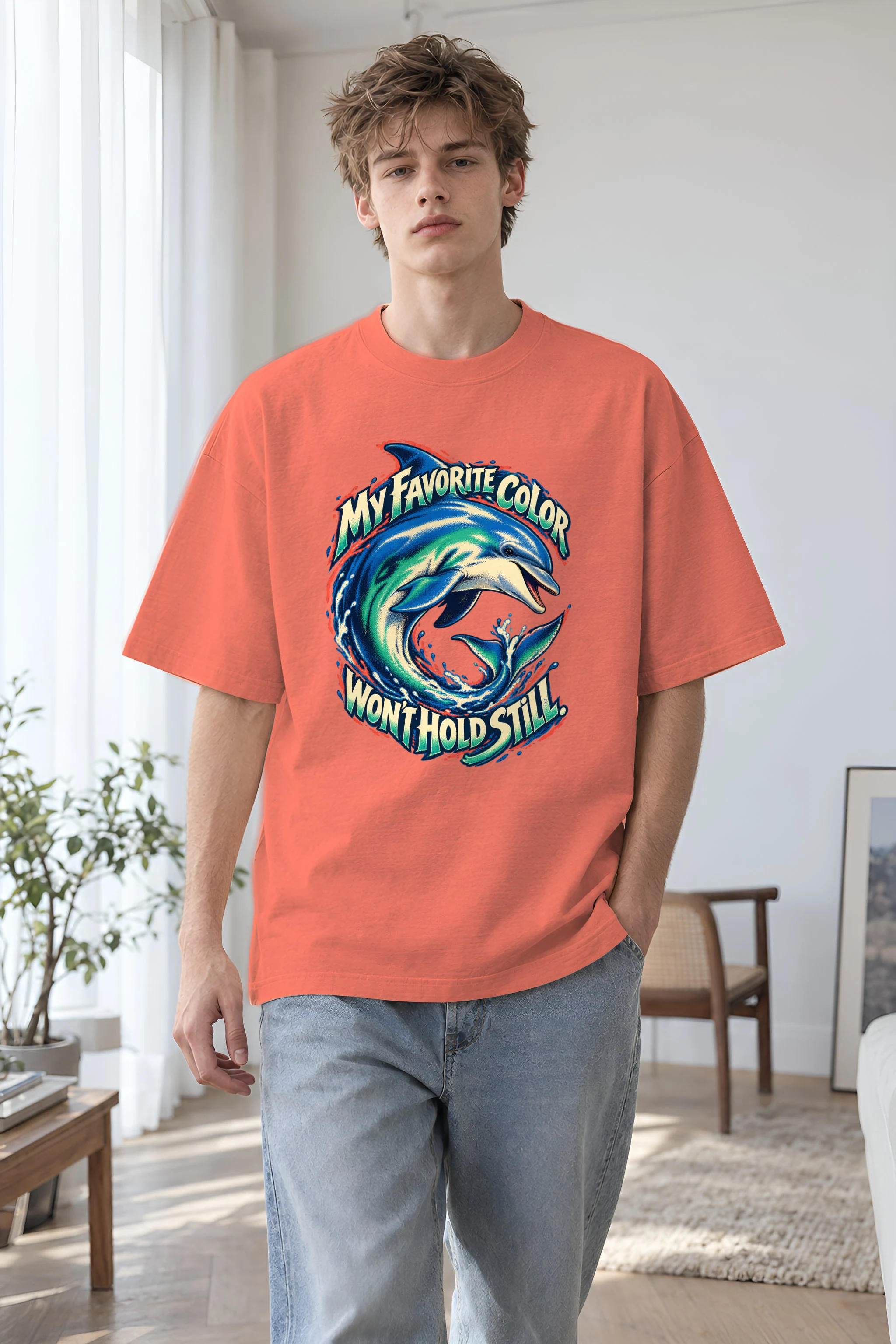 "Curling Dolphin" Unisex Oversized Heavyweight Crewneck T-Shirt