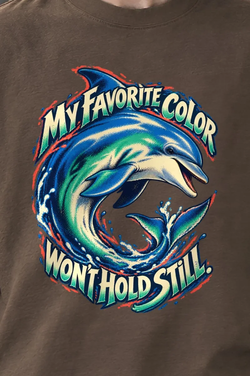 "Curling Dolphin" Unisex Oversized Heavyweight Crewneck T-Shirt - the graphic up close