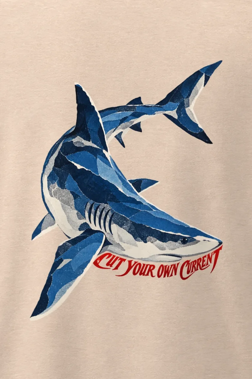 "Cut Your Own Current" Men’s Oversized Heavyweight Crewneck T-Shirt - the graphic up close
