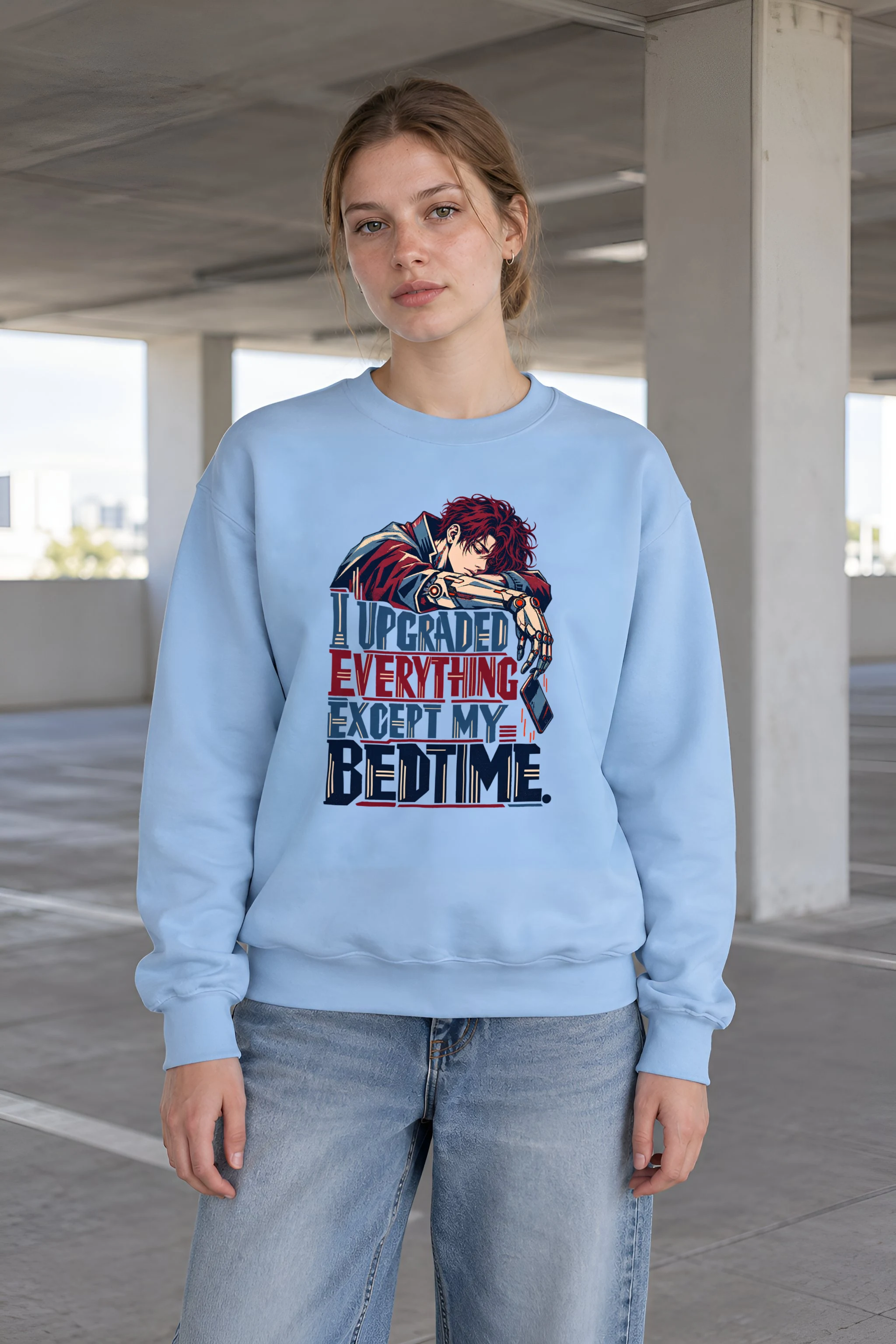 "Cyborg Bedtime Crash" Unisex Crewneck Sweatshirt