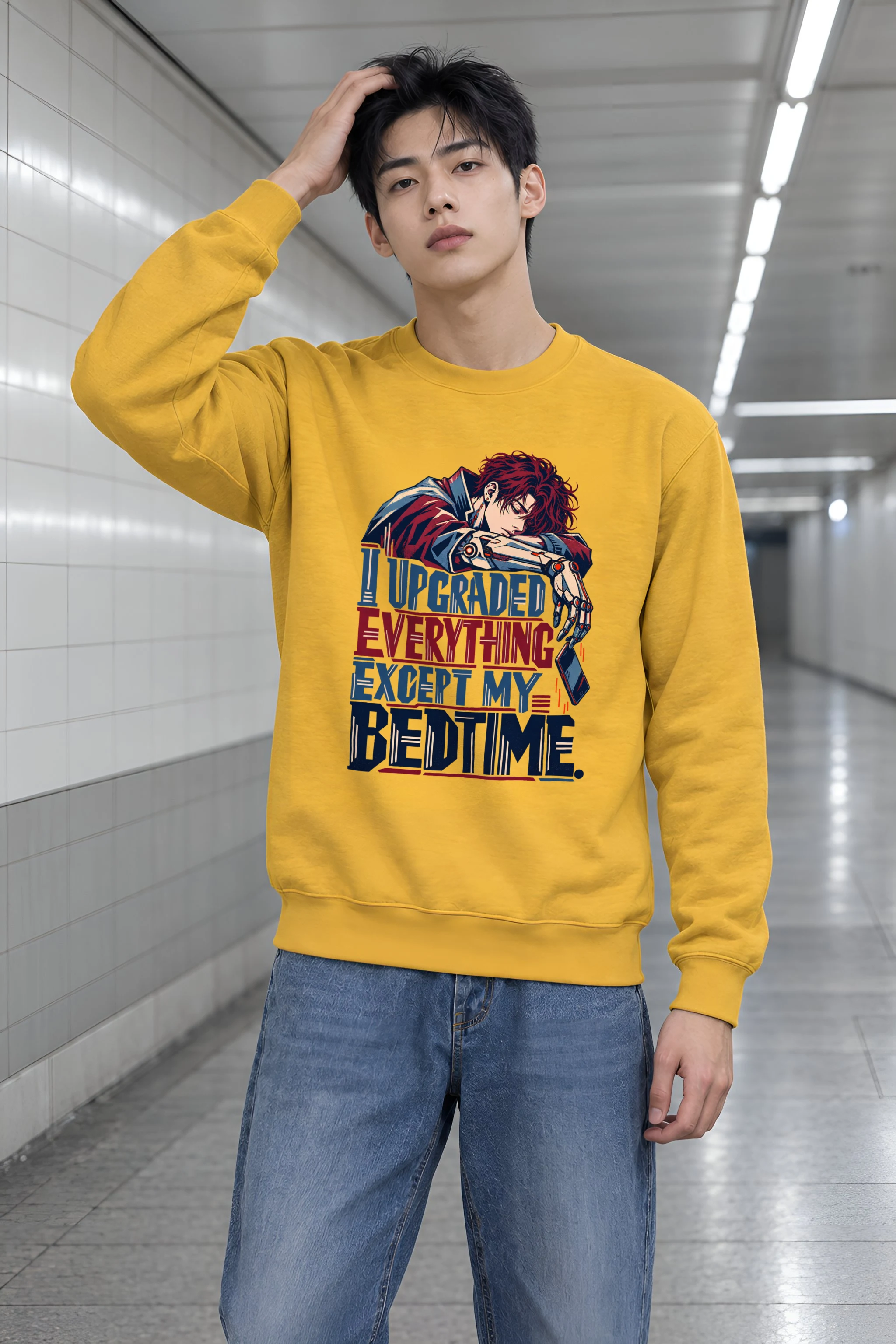 "Cyborg Bedtime Crash" Unisex Crewneck Sweatshirt