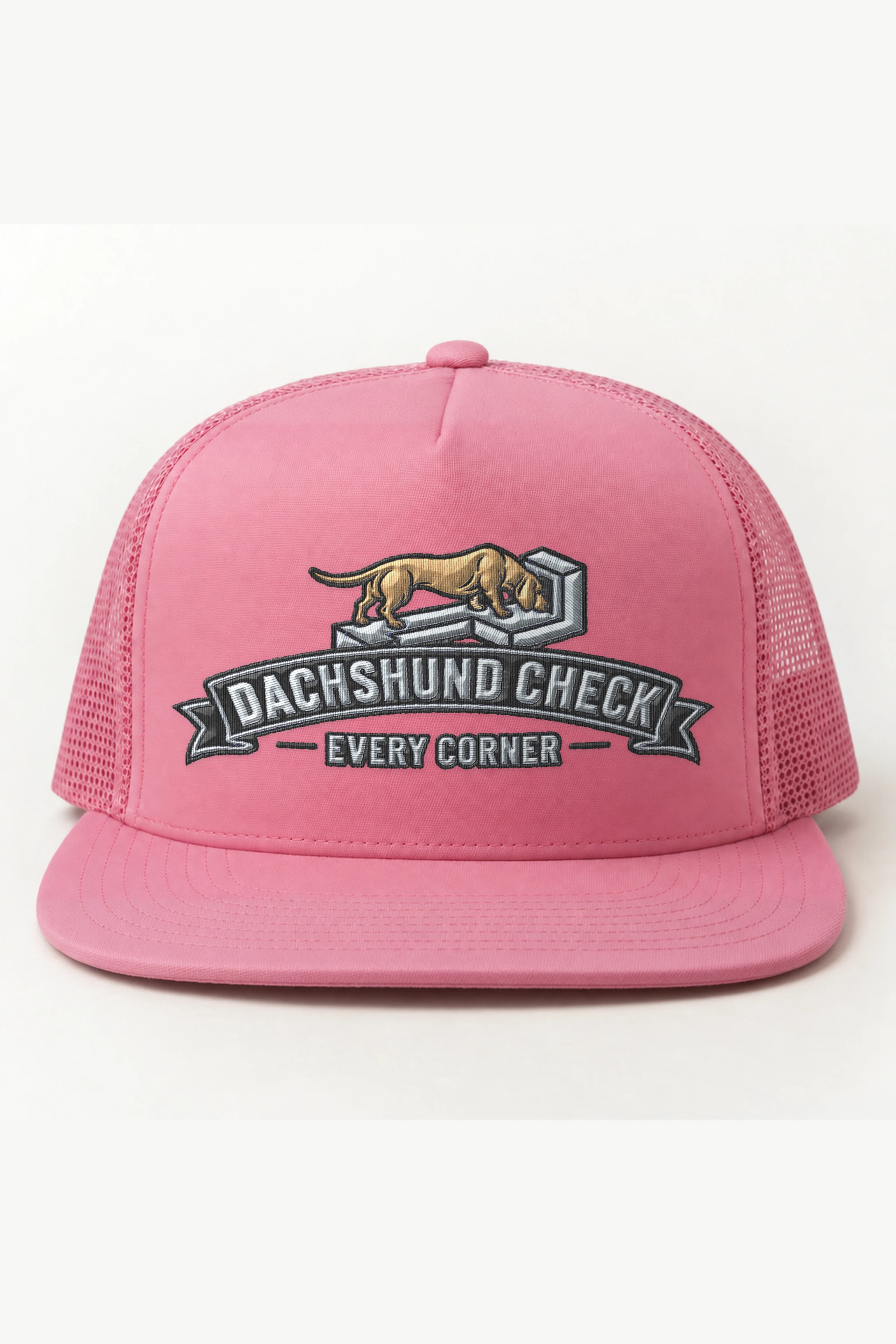 "Dachshund Check Every Corner" 5 Panel Trucker Cap · Embroidered