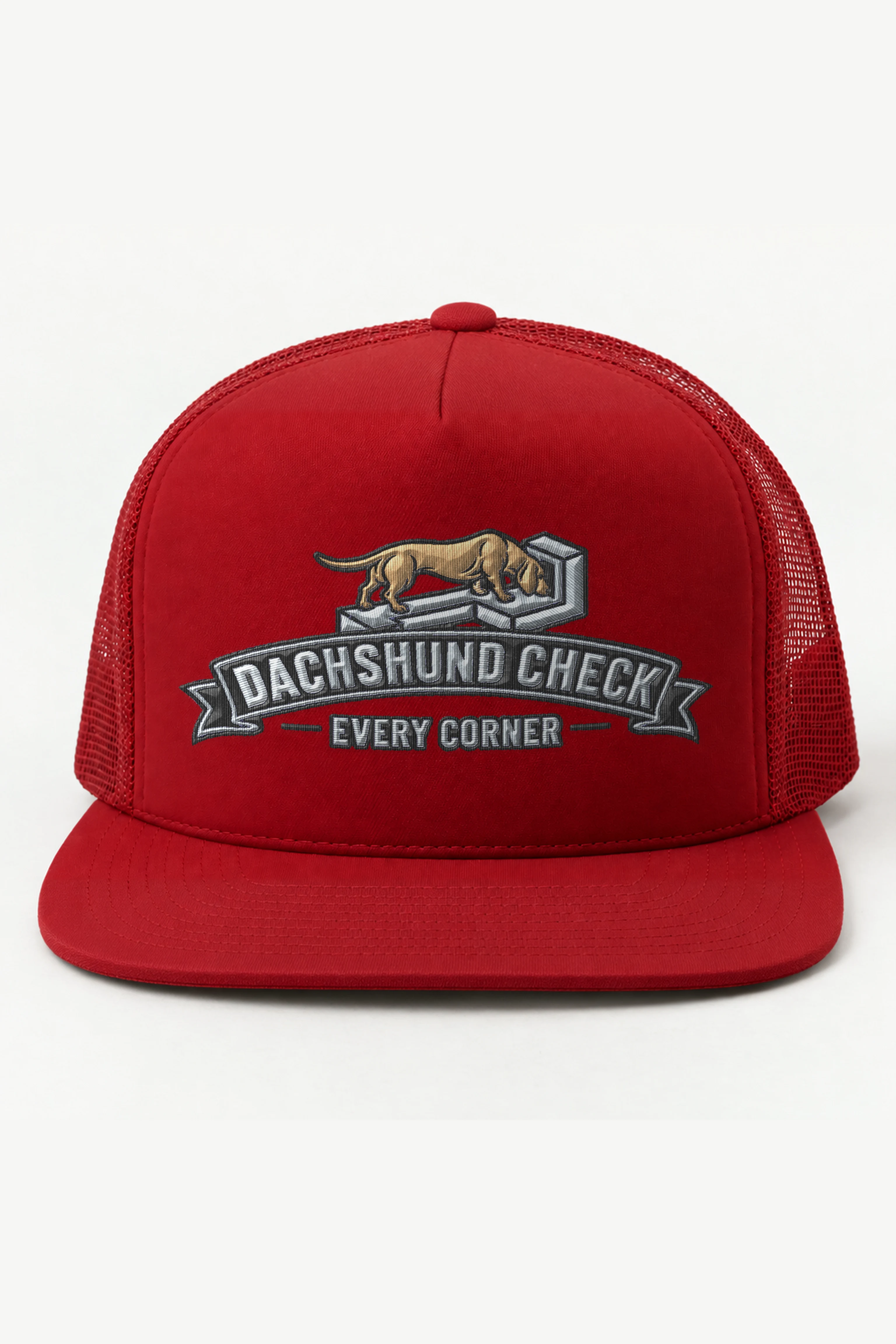 "Dachshund Check Every Corner" 5 Panel Trucker Cap · Embroidered