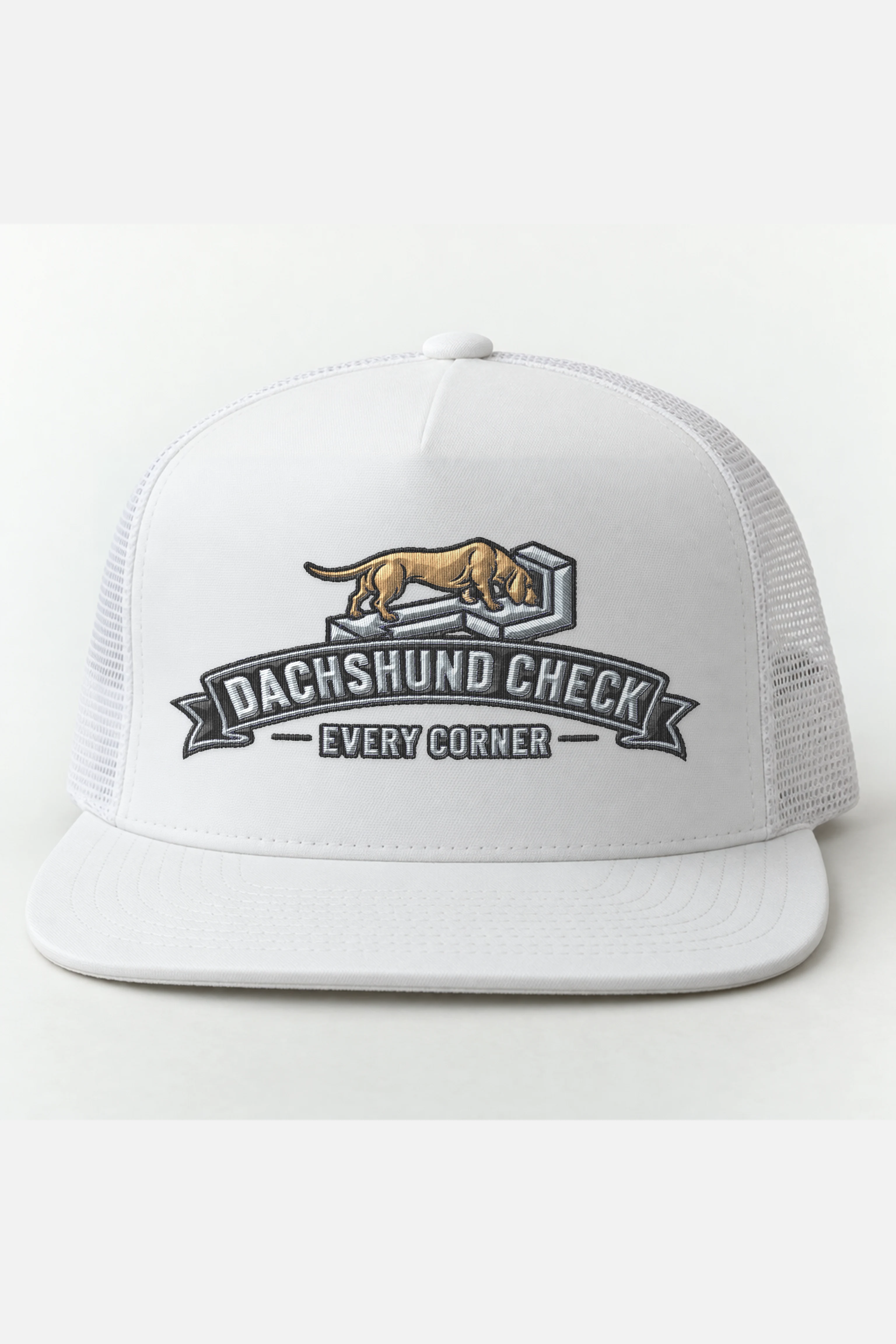 "Dachshund Check Every Corner" 5 Panel Trucker Cap · Embroidered