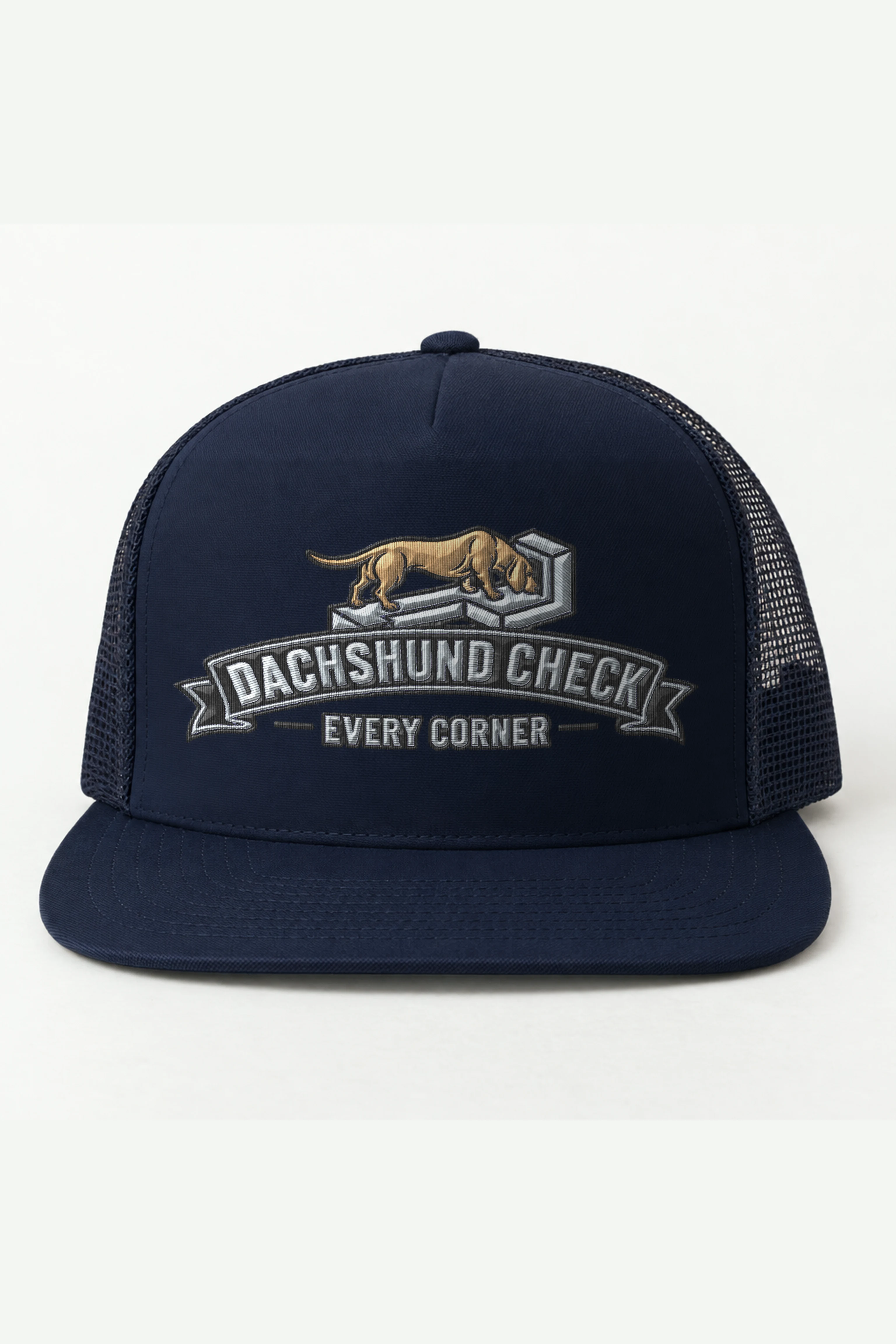 "Dachshund Check Every Corner" 5 Panel Trucker Cap · Embroidered