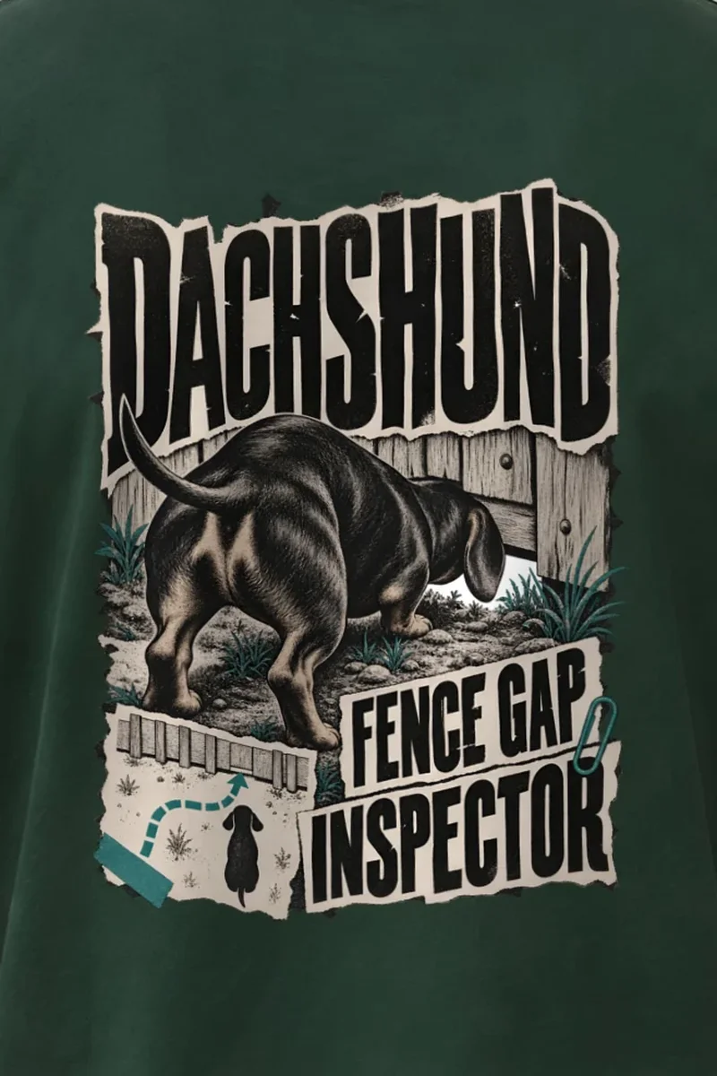 "Dachshund Fence Gap Inspector" Heavyweight Unisex Crewneck T-shirt - the graphic up close