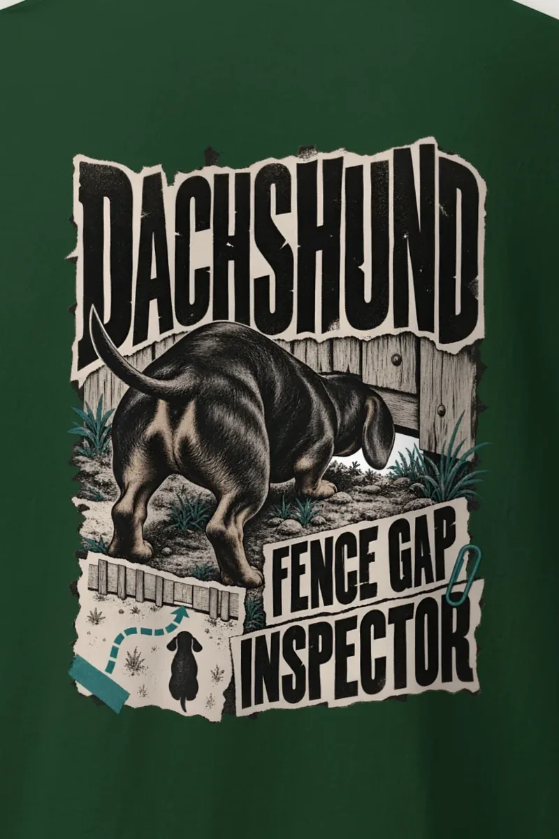 "Dachshund Fence Gap Inspector" Heavyweight Unisex Crewneck T-shirt - the graphic up close