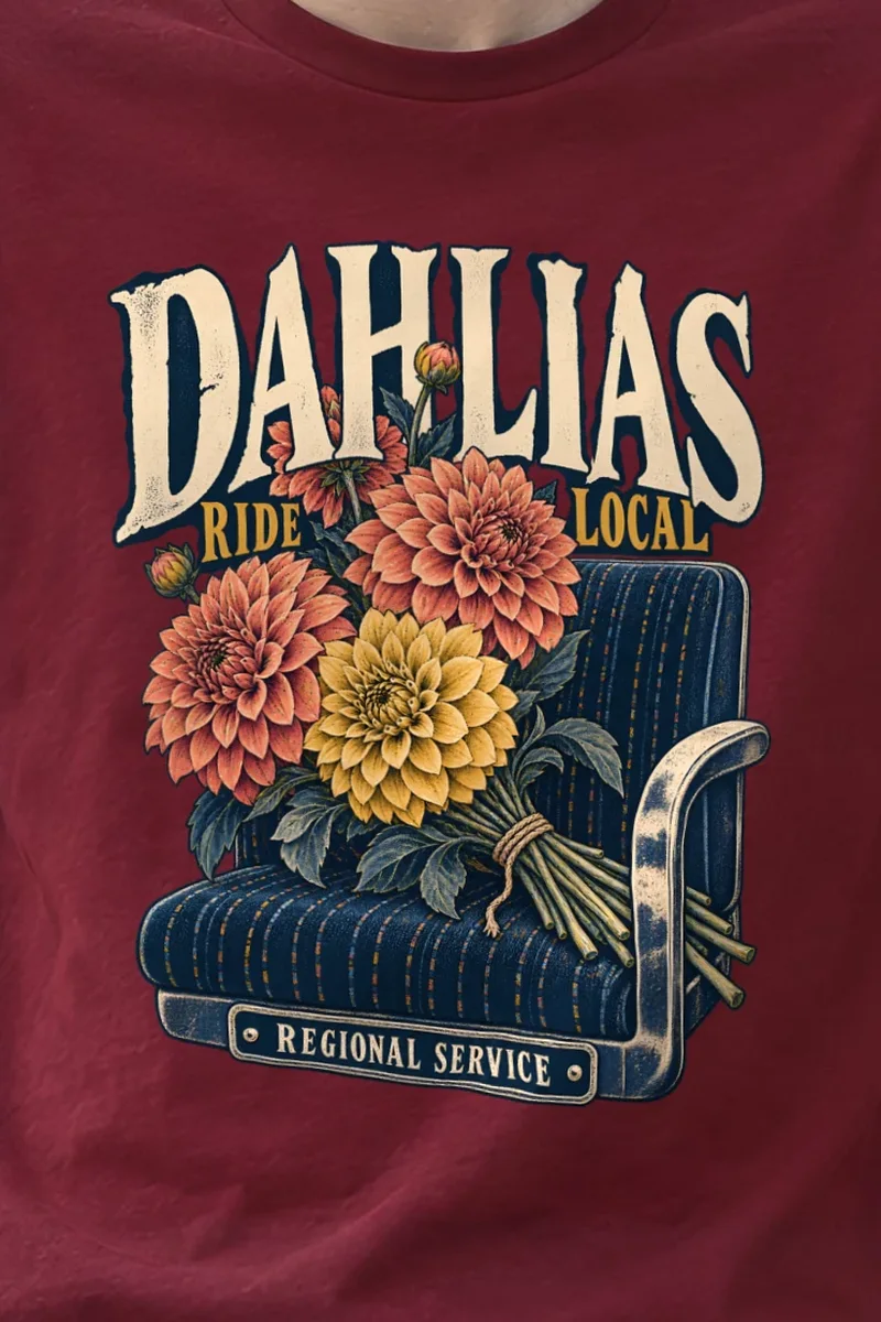 "Dahlias Ride Local" Heavyweight Unisex Crewneck T-shirt - the graphic up close