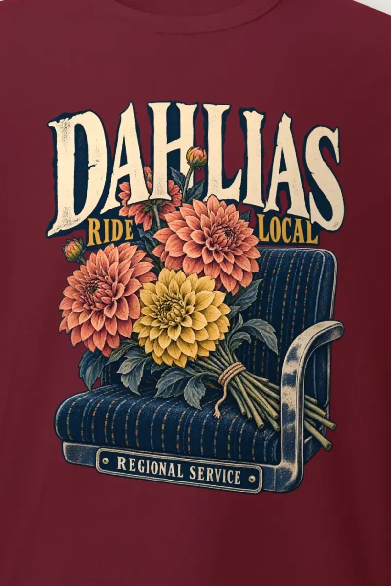 "Dahlias Ride Local" Heavyweight Unisex Crewneck T-shirt - the graphic up close