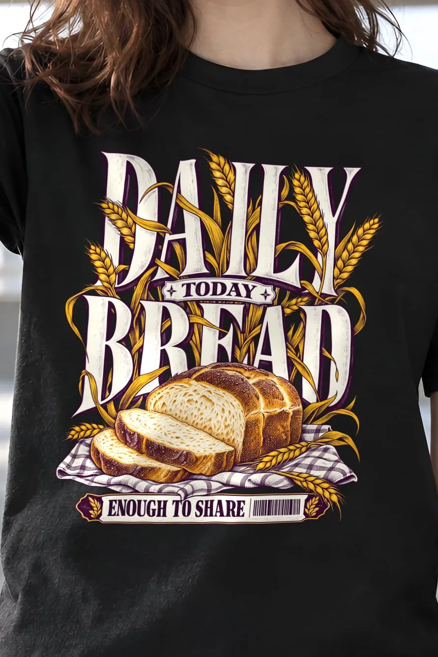"Daily Bread" Heavyweight Unisex Crewneck T-shirt - the graphic up close