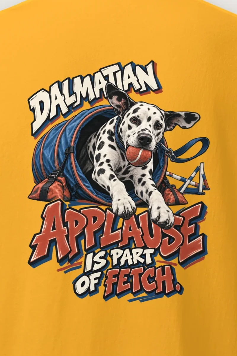 "Dalmatian Applause Is Part of Fetch" Heavyweight Unisex Crewneck T-shirt - the graphic up close