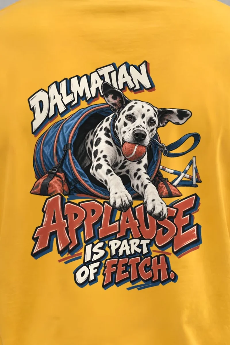 "Dalmatian Applause Is Part of Fetch" Heavyweight Unisex Crewneck T-shirt - the graphic up close