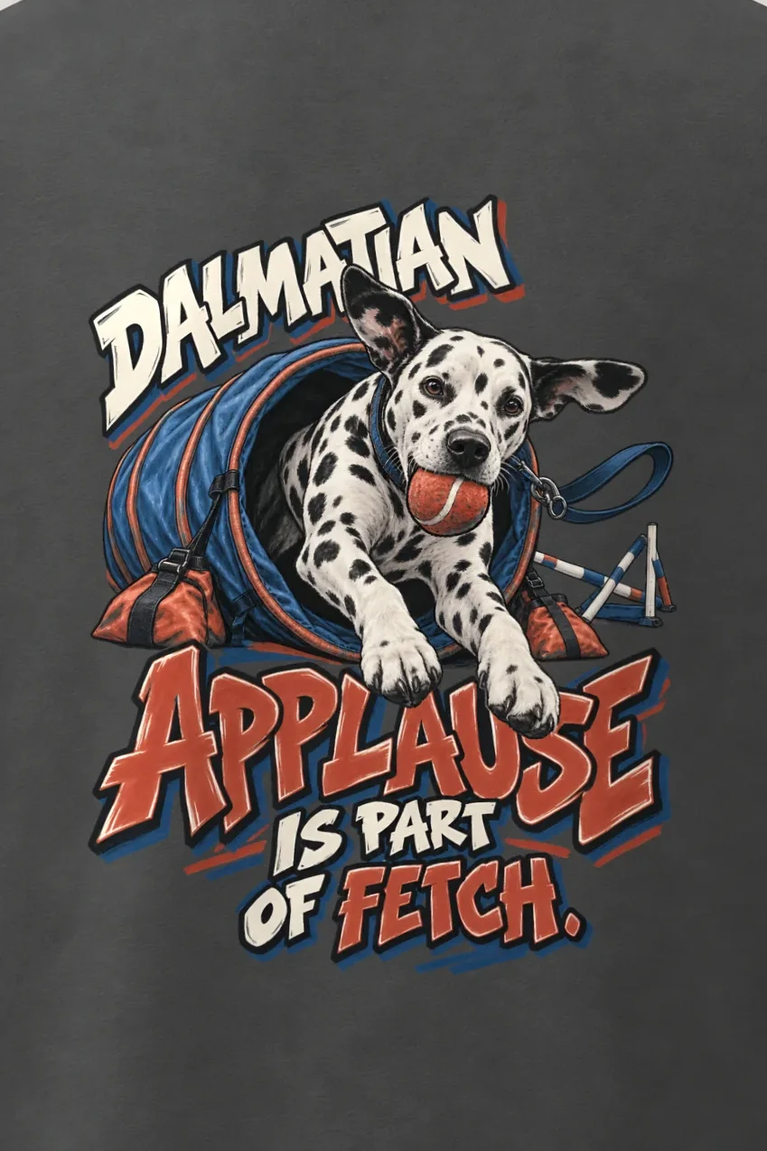 "Dalmatian Applause Is Part of Fetch" Men’s Oversized Heavyweight Crewneck T-Shirt - the graphic up close