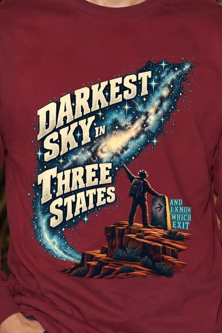 "Darkest Sky in Three States" Unisex Longsleeve T-shirt - the graphic up close
