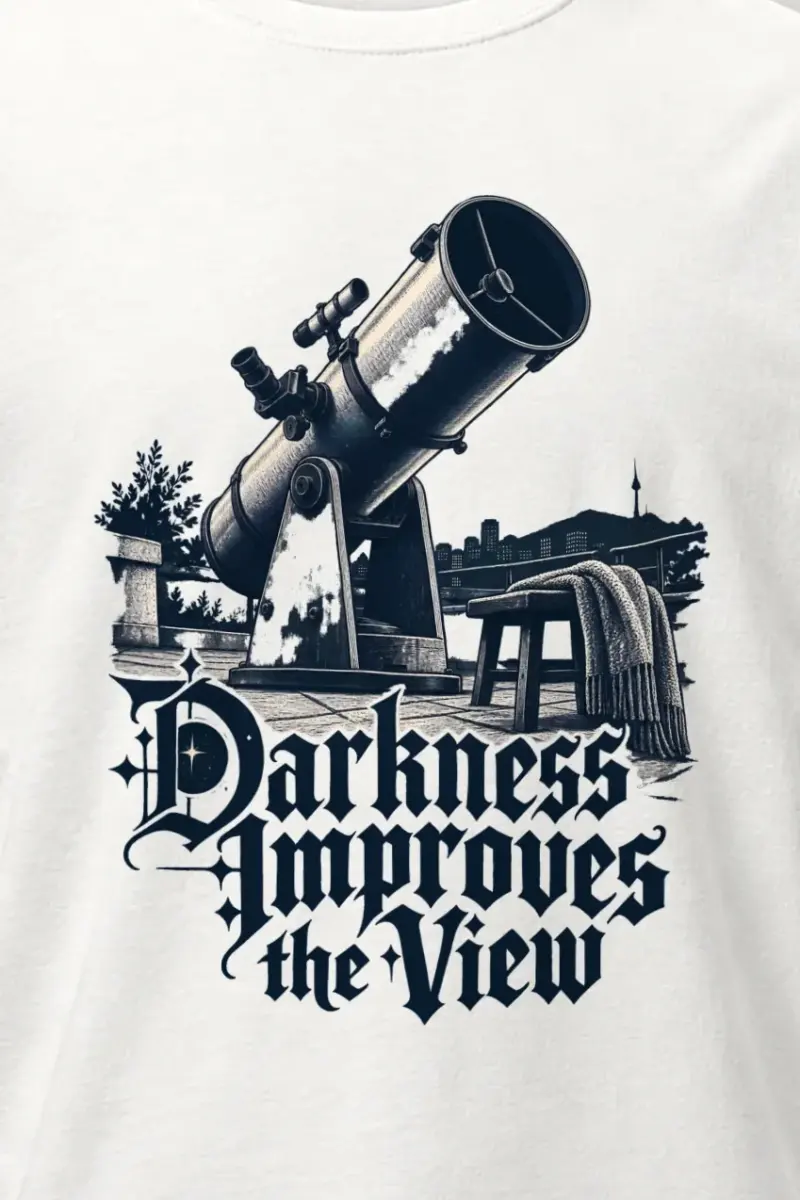 "Darkness Improves the View" Heavyweight Unisex Crewneck T-shirt - the graphic up close