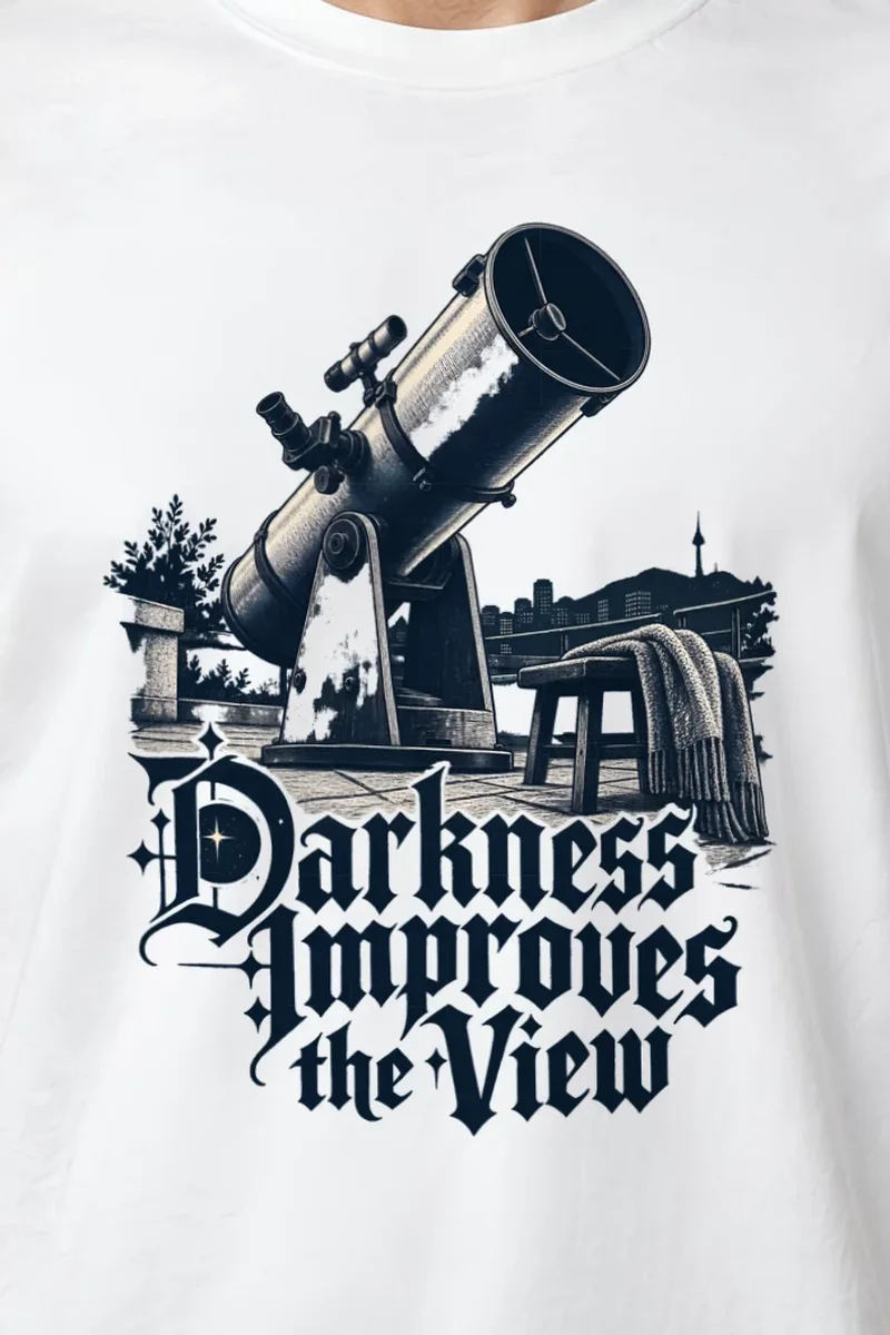 "Darkness Improves the View" Heavyweight Unisex Crewneck T-shirt - the graphic up close