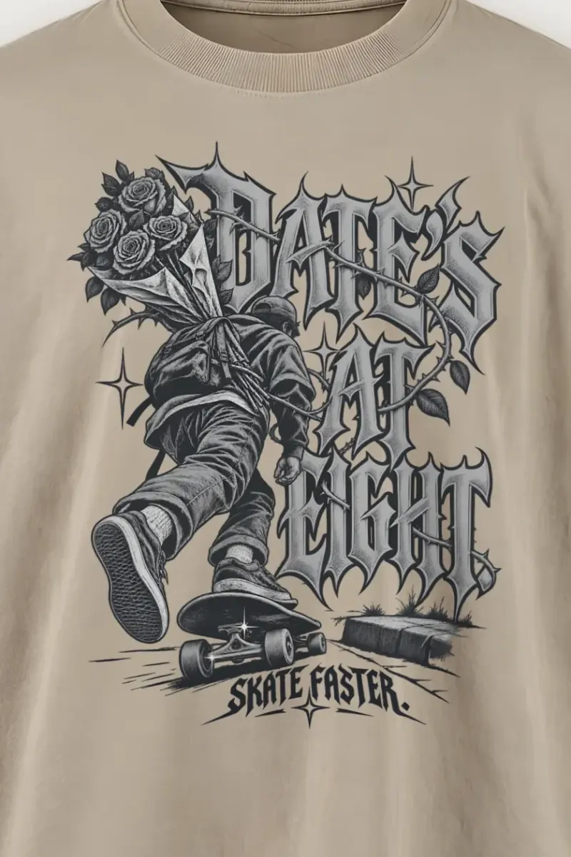 "Date’s At Eight" Men’s Oversized Heavyweight Crewneck T-Shirt - the graphic up close