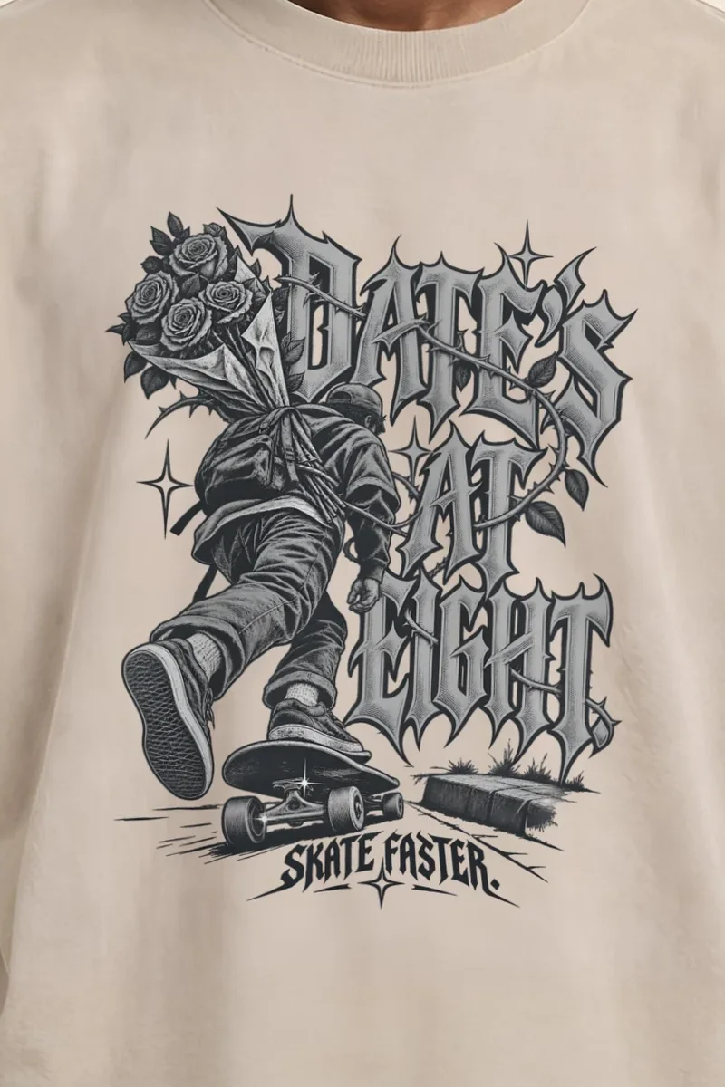 "Date’s At Eight" Men’s Oversized Heavyweight Crewneck T-Shirt - the graphic up close